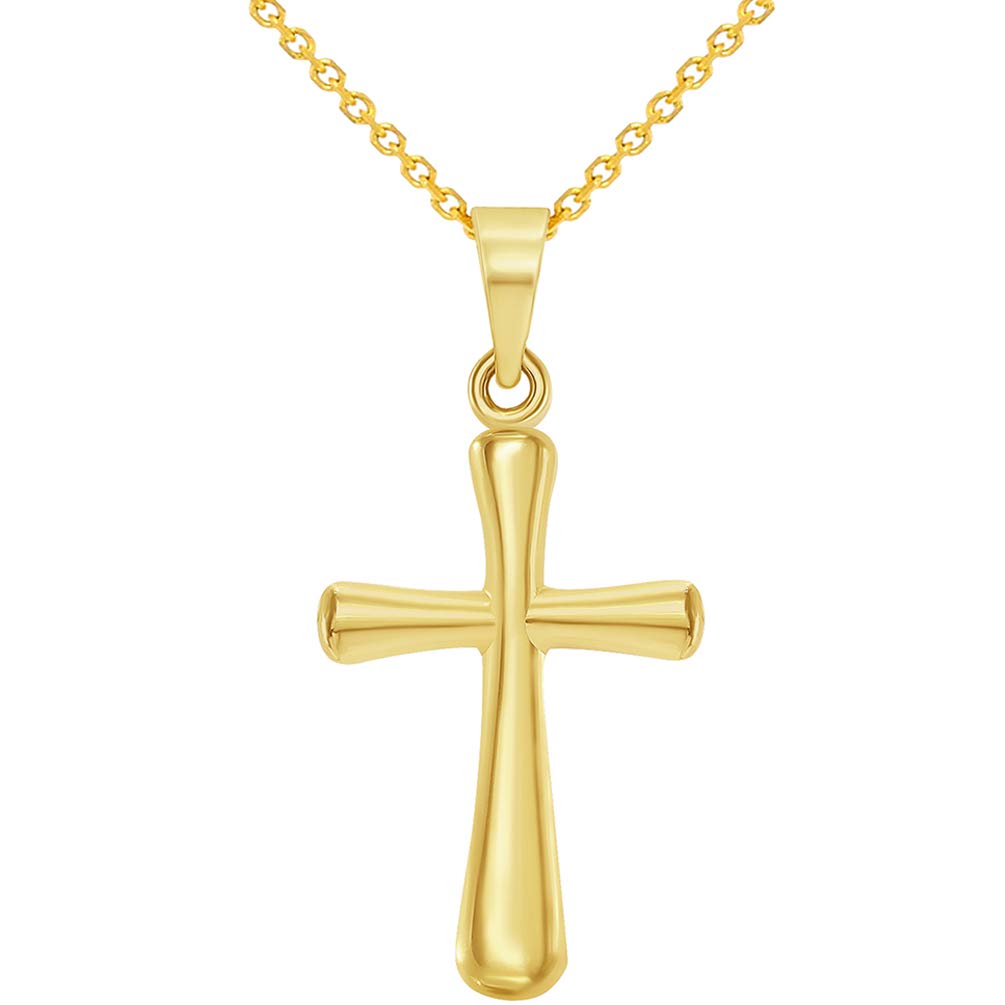 14K Yellow Gold High Polished Religious Plain Small Cross Charm Pendant Necklace for Women - Elegant Christian Jewelry Gift for Baptism, Confirmation & Everyday Wear
