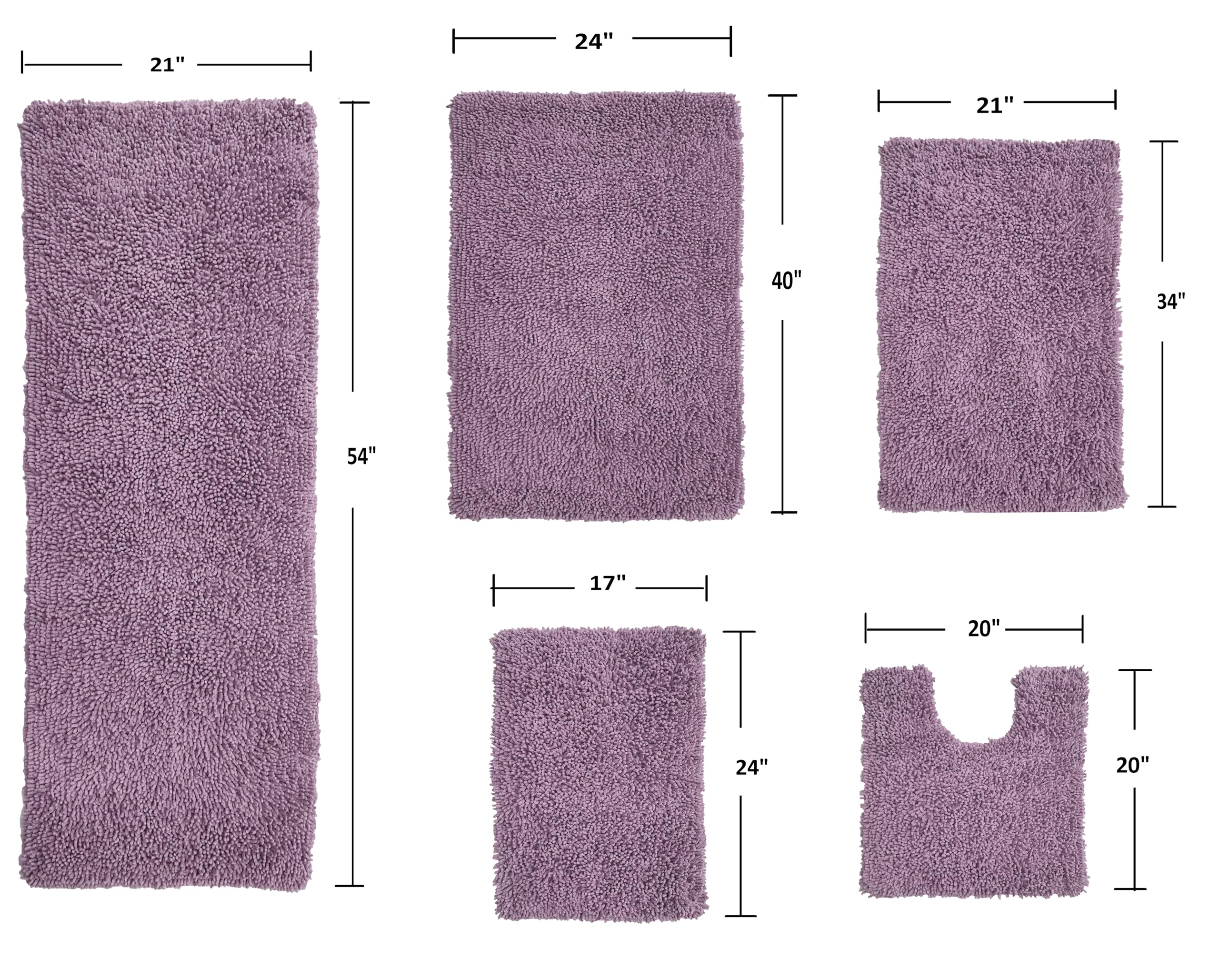 Home Weavers Fantasia 100% Cotton Bath Rug Set - Ultra Soft & Absorbent 5-Piece Non-Slip Bathroom Mats for Shower, Tub & Floor - Machine Washable Bath & Kitchen Rugs in Purple (Includes Contour Mat) - Perfect for Bathrooms, Laundry Rooms & Entryways