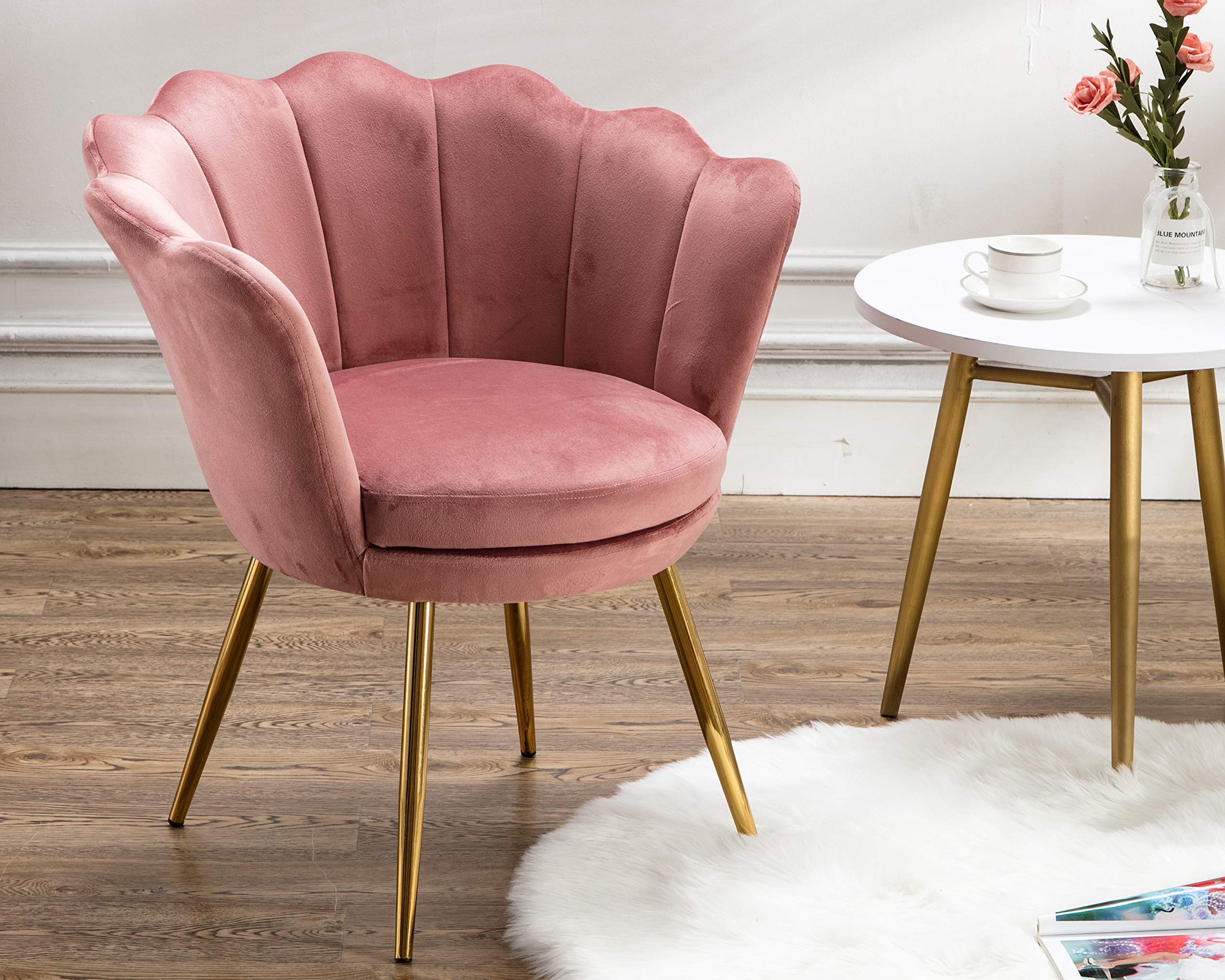 Velvet Makeup Vanity Chair with Back & Arms - Modern Upholstered Accent Chair for Living Room & Bedroom - Comfy Pink Blush Single Seater with Gold Metal Legs - Perfect for Dressing Table, Lounge & Reading Nook
