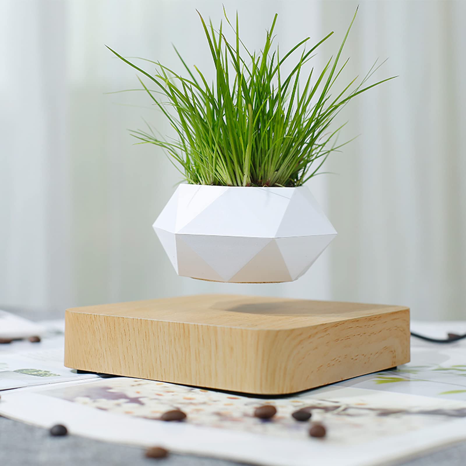 Magnetic Levitating Plant Pot for Air Plants - Floating Rotating Air Bonsai Planter, White Decorative Flower Pot for Office Desk & Home Decor | Perfect Gift for Plant Lovers & Modern Interior Design