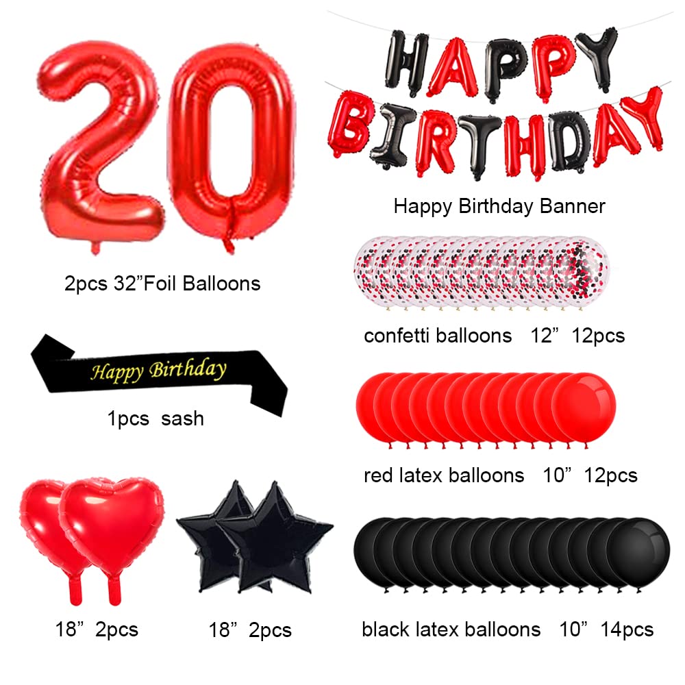 Minhero 20th Birthday Party Decorations Kit - Red & Black Happy Birthday Banner, Number 20 Balloons, Birthday Sash with Latex & Confetti Balloons for Women's Milestone Celebration - Perfect for 20th Birthday Party Decor, Photo Backdrops & Adult Birthday Themes