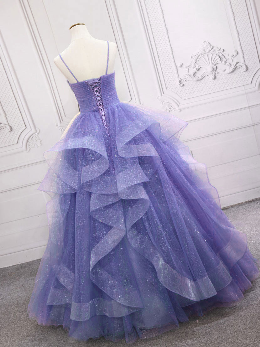 Elegant Purple V-Neck Tulle Long Prom Dress for Sweet 16 Party | Formal Evening Gown for Homecoming, Quinceañera & Special Occasions