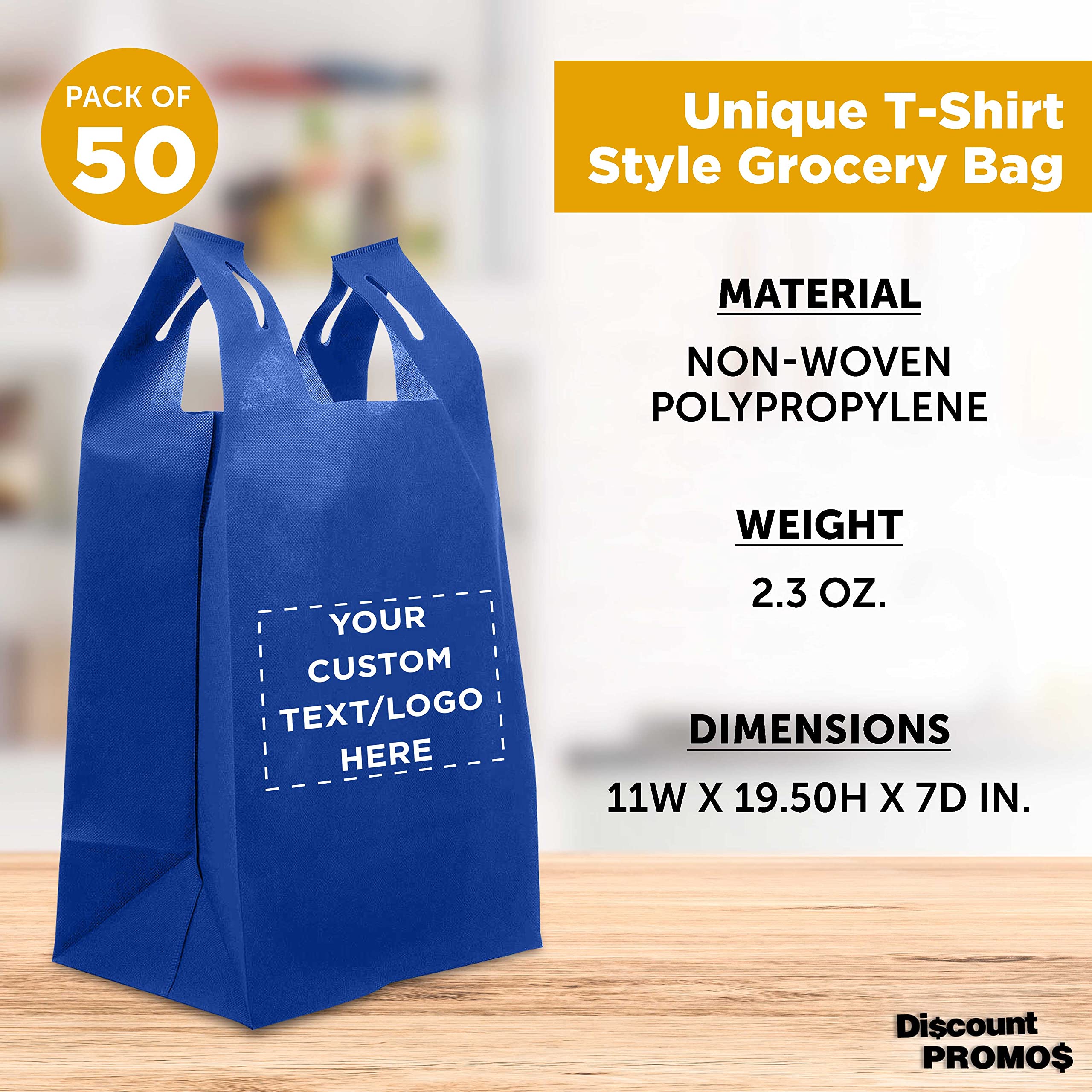 Custom Bodega Lightweight Tote Bags - Bulk Pack of 50 Reusable Grocery Bags - Personalized Promotional Totes for Trade Shows, Parties & Picnics - Eco-Friendly Shopping & Gift Bags (Blue)