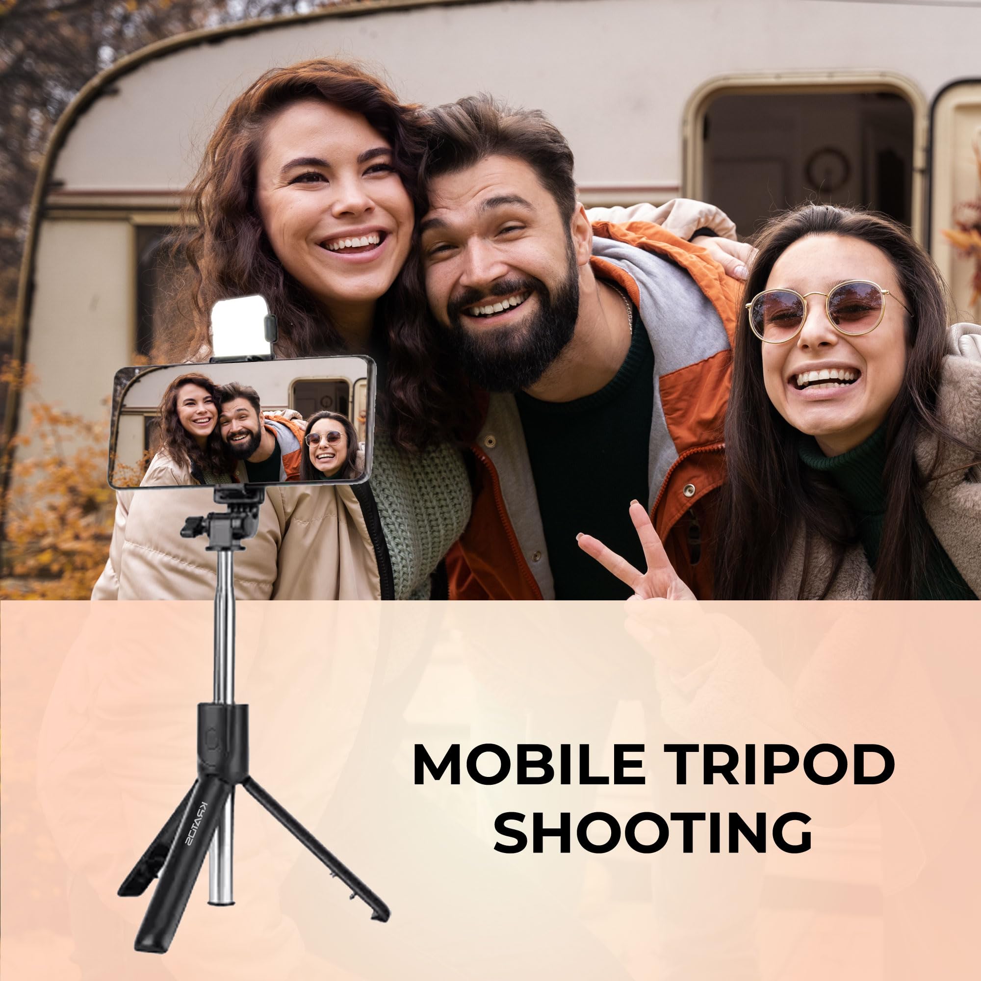 Kratos 3-in-1 Selfie Stick Tripod with Rechargeable LED Light - Bluetooth Remote, Adjustable Brightness for Makeup, Vlogging & Photography | Perfect for Travel, YouTube Videos & Instagram Content Creation