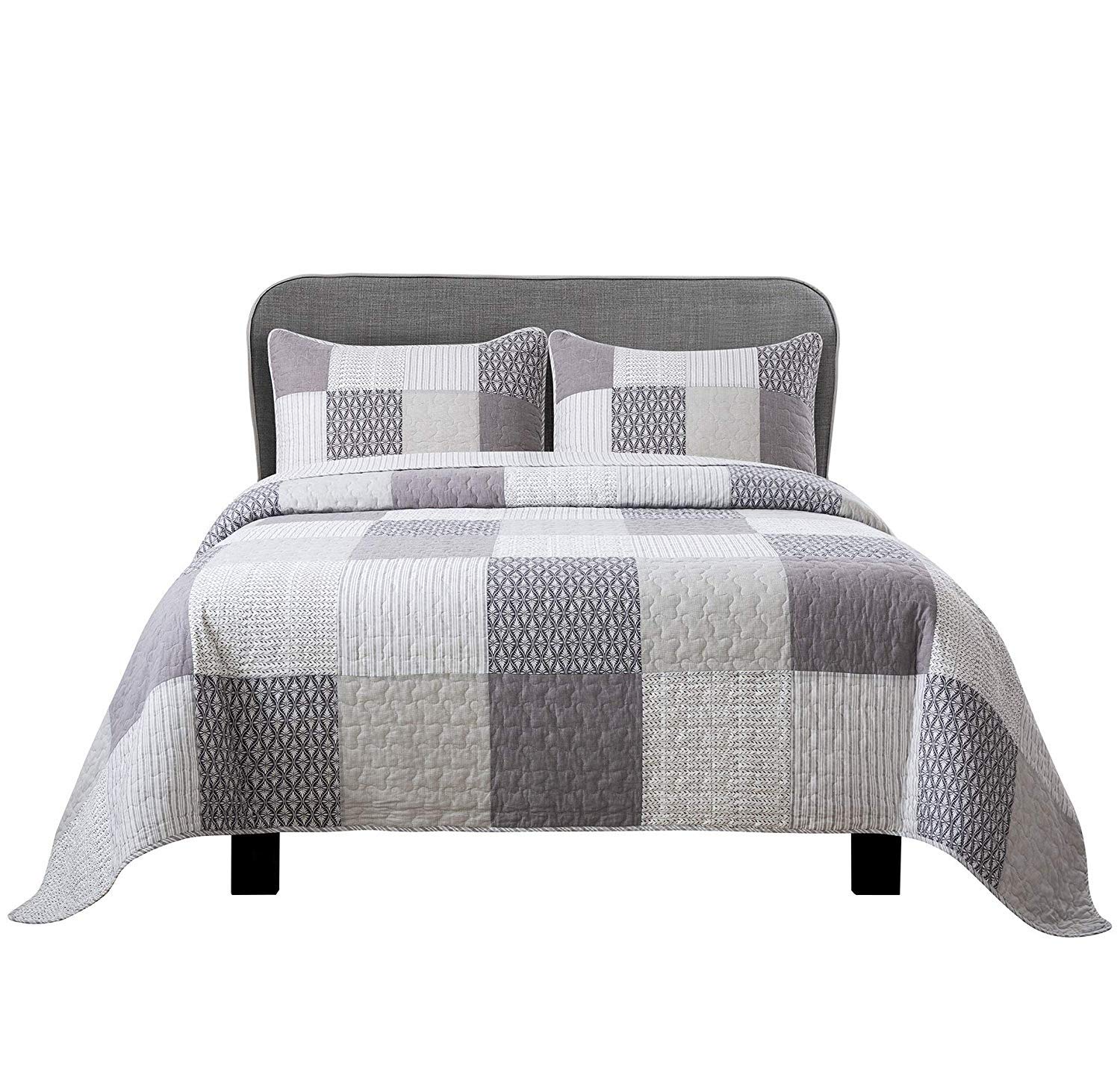Farmhouse King Size Bedding Set - 3-Piece 100% Cotton Quilt with 2 Pillow Shams | Modern Patchwork Grey & White Lodge Coverlet | Oversized King Bedspread for Cozy Cabin & Rustic Home Decor