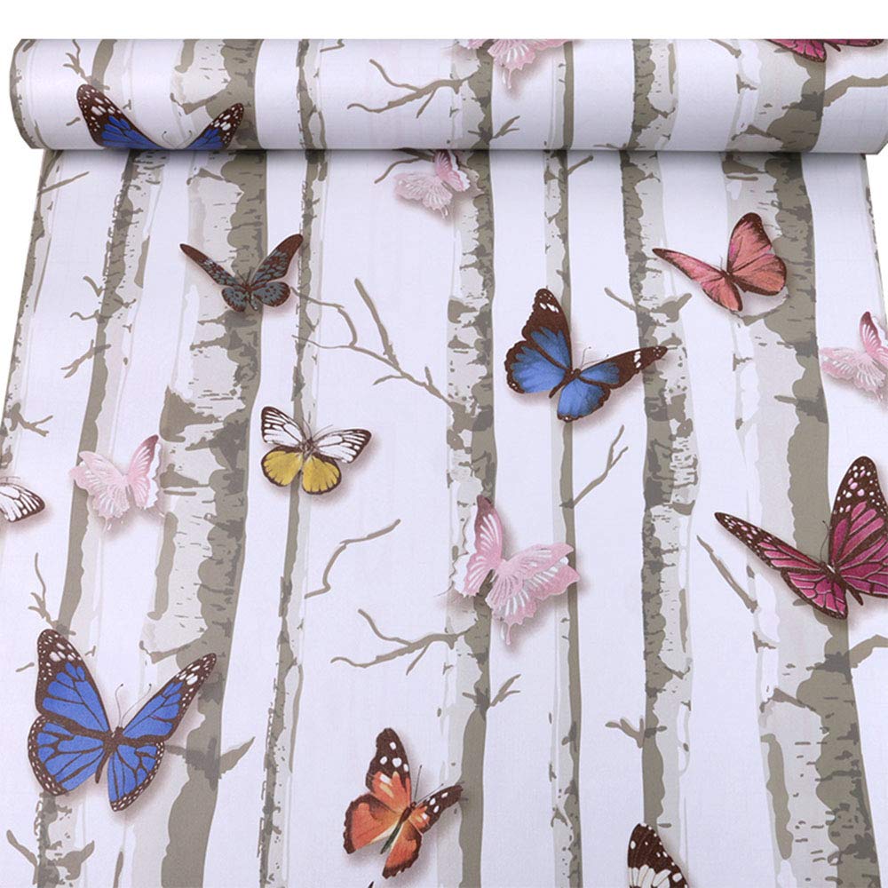 Self-Adhesive White Birch Butterfly Wallpaper - Peel and Stick Vinyl Shelf Liner for Drawers, Dressers & Cabinets - 17.7x117 Inch Removable Backsplash Wall Sticker - Perfect for Kitchen, Bathroom & Nursery Decor
