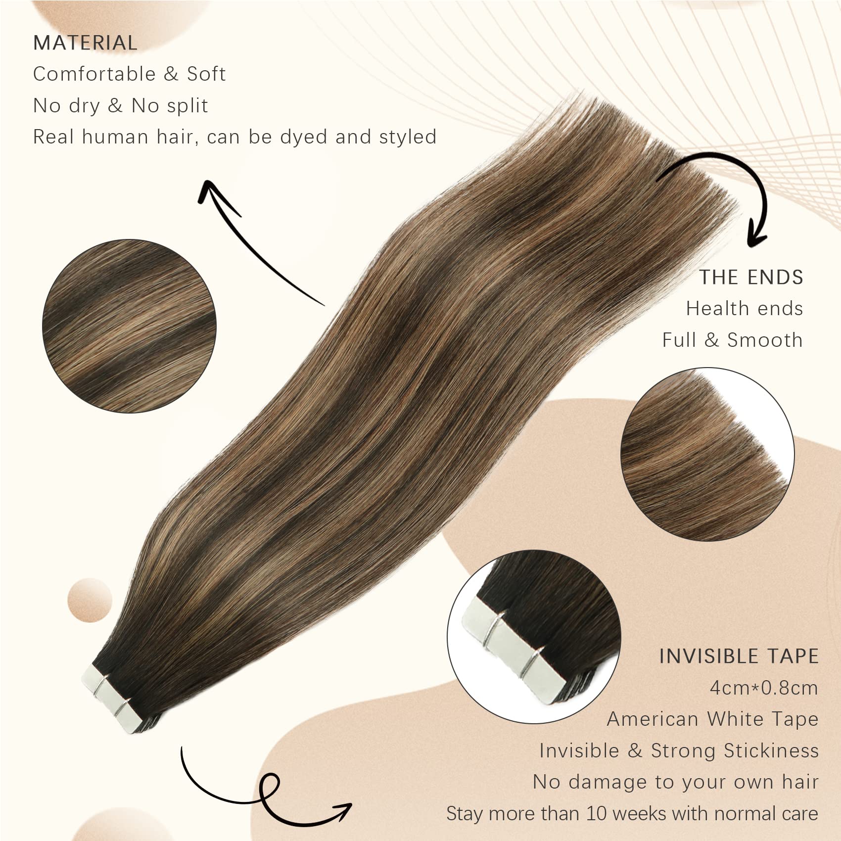 20Pcs Ombre Natural Black to Medium Brown Tape-In Human Hair Extensions - 100% Human Hair, Silky Straight, 20In 50g - Perfect for Daily Styling, Parties & Special Occasions