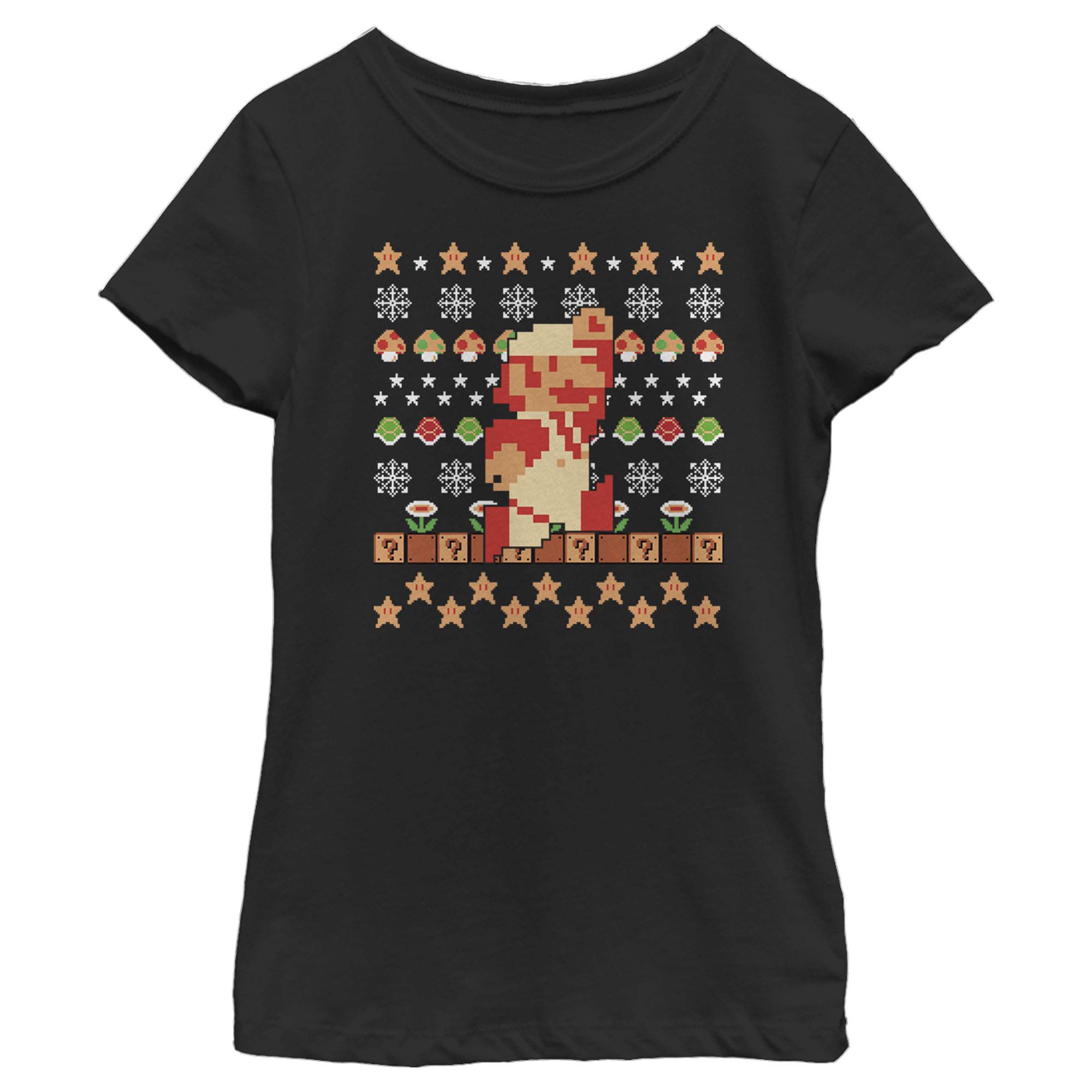 Nintendo Super Mario Holiday Pixels T-Shirt for Girls - Fun Gaming Graphic Tee for Christmas & Birthday Gifts