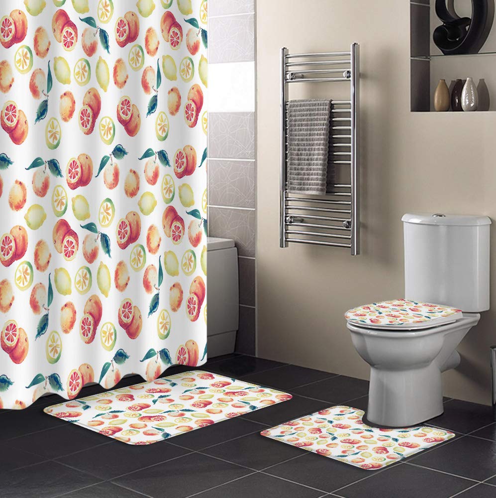 Prime Leader 4-Piece Bathroom Set - Waterproof Lemon Orange Shower Curtain 72x72 inches, Non-Slip U-Shaped Bath Mat & Toilet Lid Cover - Farmhouse Decor for Bathroom, Shower, and Guest Room
