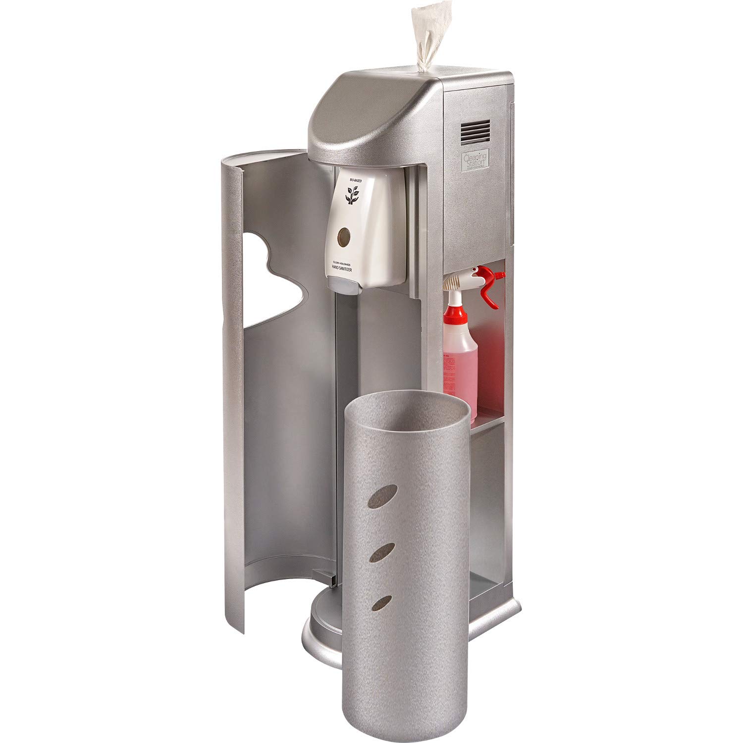 Zogics All-in-One Cleaning Station with Wipes Dispenser, Hand Sanitizer Dispenser, Trash Can & Storage - Silver | Perfect for Gyms, Offices & Public Spaces (1 Station)