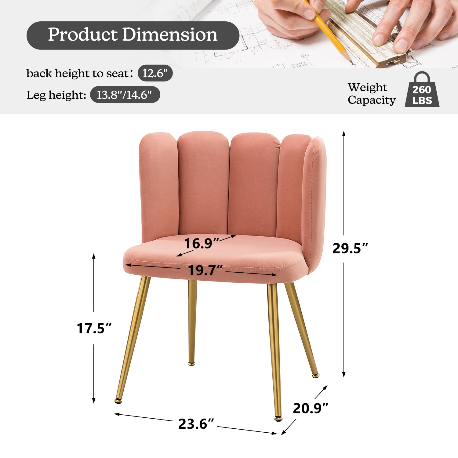 HULALA HOME Velvet Accent Chairs Set of 2 - Pink Upholstered Dining Chairs with Shell Back & Gold Metal Legs, Modern Vanity Chair for Makeup Room, Comfy Living Room Seating for Bedroom, Office, or Lounge