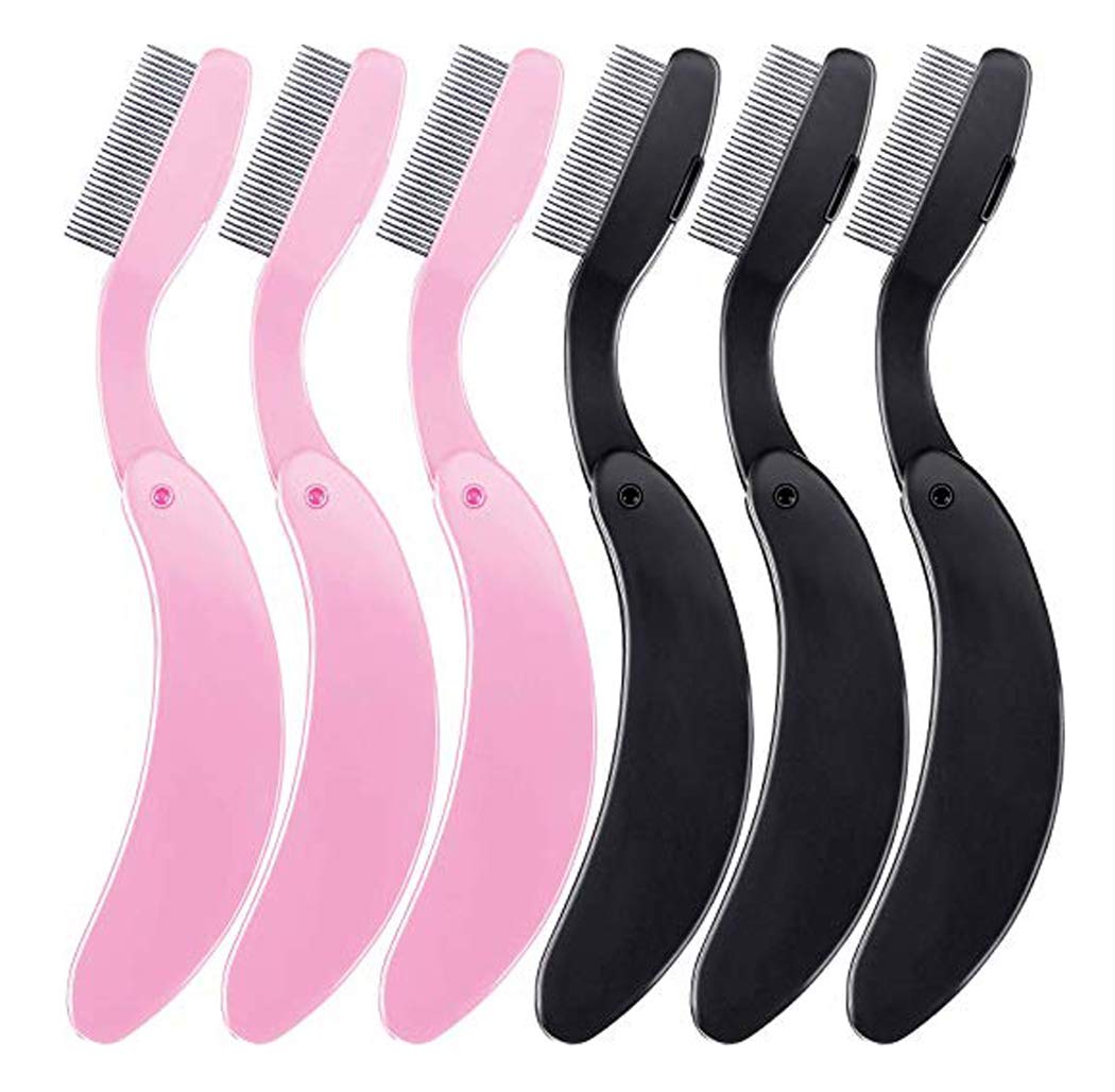 6 Pack Stainless Steel Eyelash & Eyebrow Combs - Professional Lash & Brow Makeup Tools with 3 Black & 3 Pink Brushes for Perfect Eye Makeup - Ideal for Salon, Home Use & Travel Beauty Kit