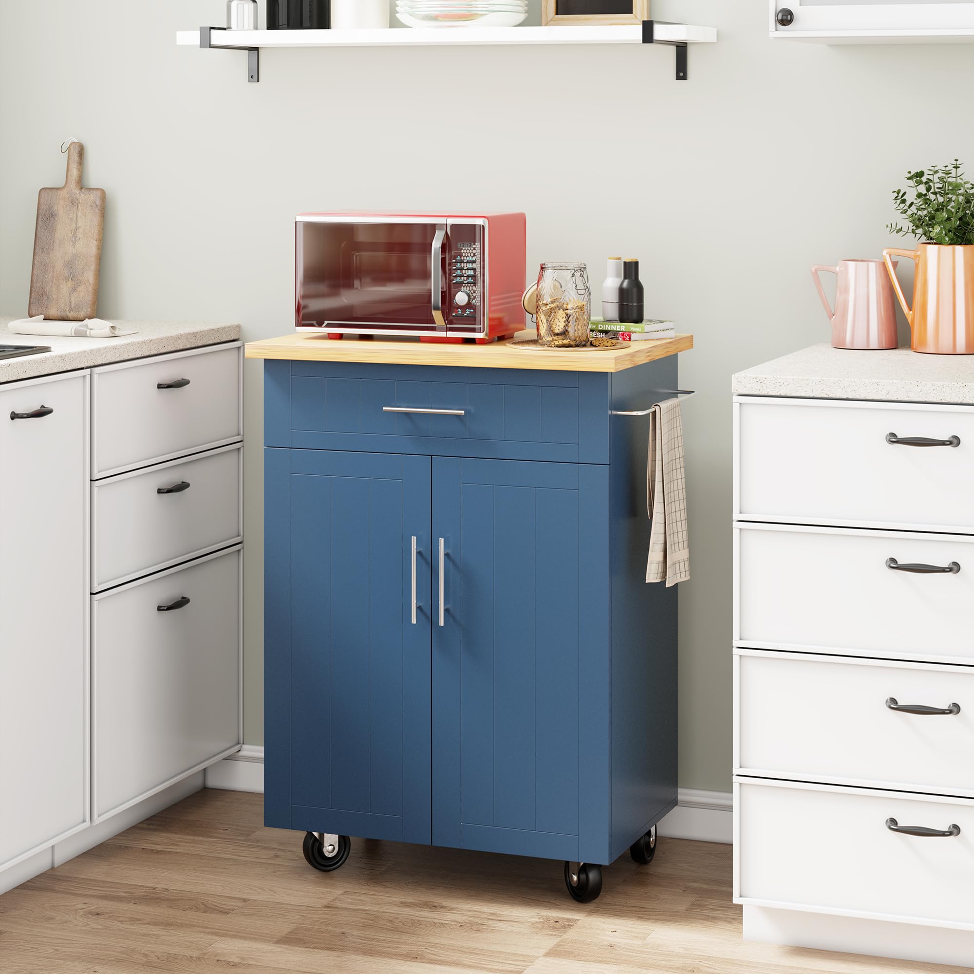 Shintenchi Blue Kitchen Island Cart with Storage - Rolling Side Table on Wheels, Large Worktop, Cabinet, Towel Rack & Drawers for Kitchen, Dining Room, Small Spaces & Apartments