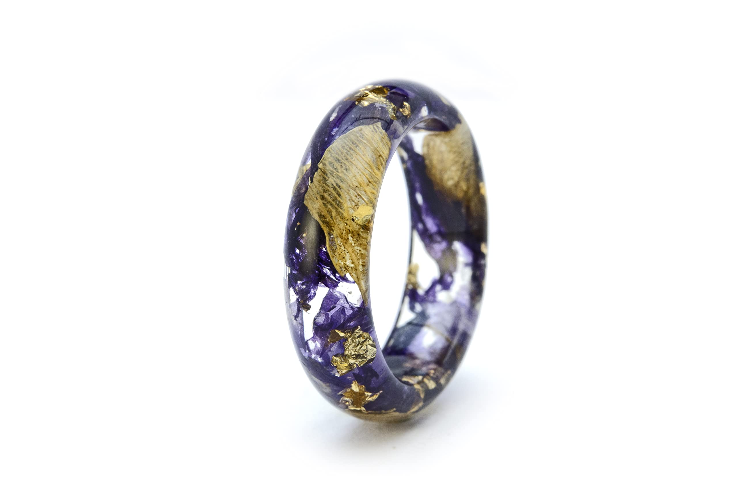 Nature Inspired Engagement Resin Rings with Purple Bells & 24K Gold - Unique Wedding Band for Couples, Handmade Eco-Friendly Jewelry Gift for Her | Perfect for Proposals, Anniversaries & Romantic Occasions