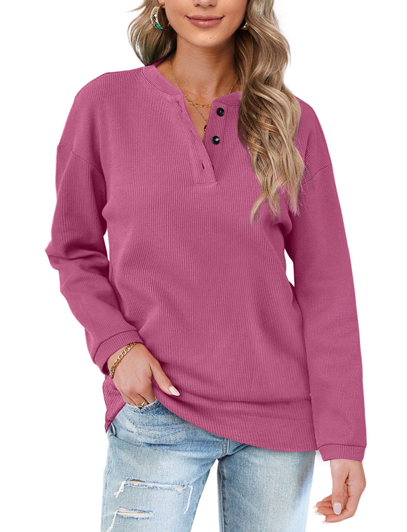 OFEEFAN Women's Casual Henley Button Up Long Sleeve Tunic Sweatshirt - Comfortable Lounge Wear for Relaxing at Home, Running Errands & Casual Outings