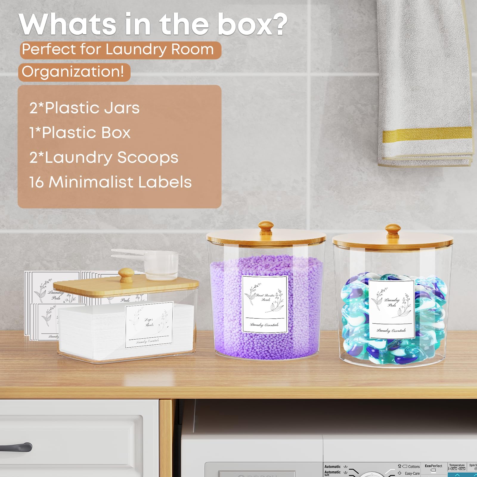 3 Pack Laundry Detergent Storage Containers with Lids - Plastic Laundry Room Organization Jars for Powder, Dryer Sheets & Scent Boosters - Includes Labels & Scoops - Perfect for Organized Laundry Room & Closet Storage