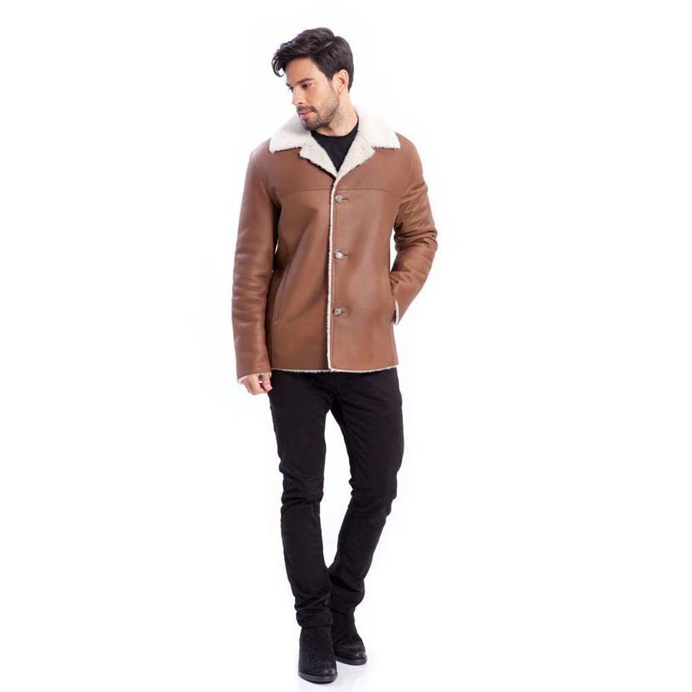 Men's Dark Brown Leather Jacket with Fur Lining & Wool Winter Coat - Fashionable White Lapels for Cold Weather Outdoors & Stylish Urban Wear