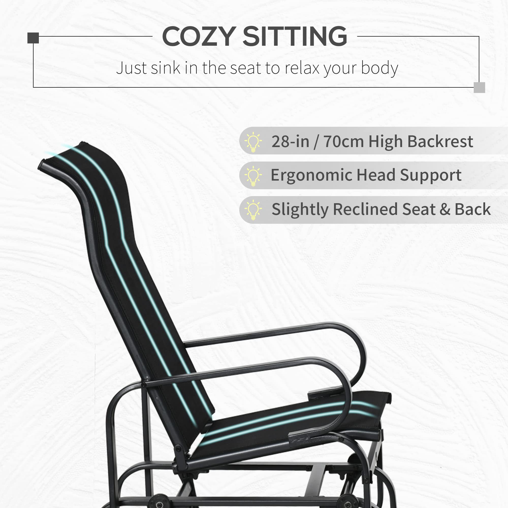 Outsunny Outdoor Glider Chair - Patio Rocking Chair with Smooth Swing Motion, Lightweight Durable Design for Backyard, Garden & Deck - Perfect for Relaxing, Reading & Enjoying Nature (Black)