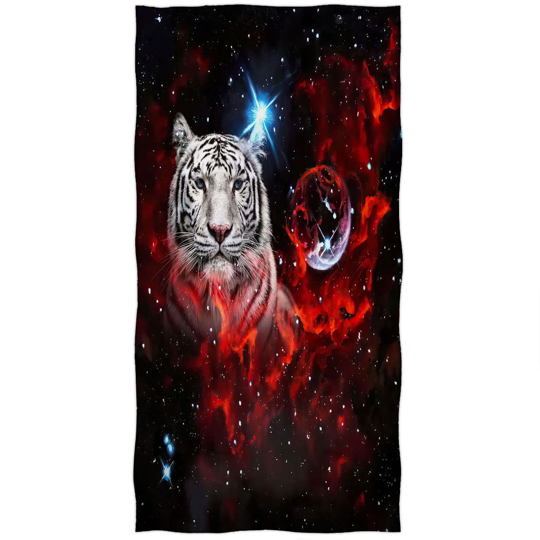 SXCHEN Super Soft Plush Cotton Beach Towel - 27x55 Inch, Red Nebula White Tiger Stars Print, Absorbent Quick-Dry Bath Pool Towel for Swimming, Vacation, Yoga, Gym & Outdoor Activities