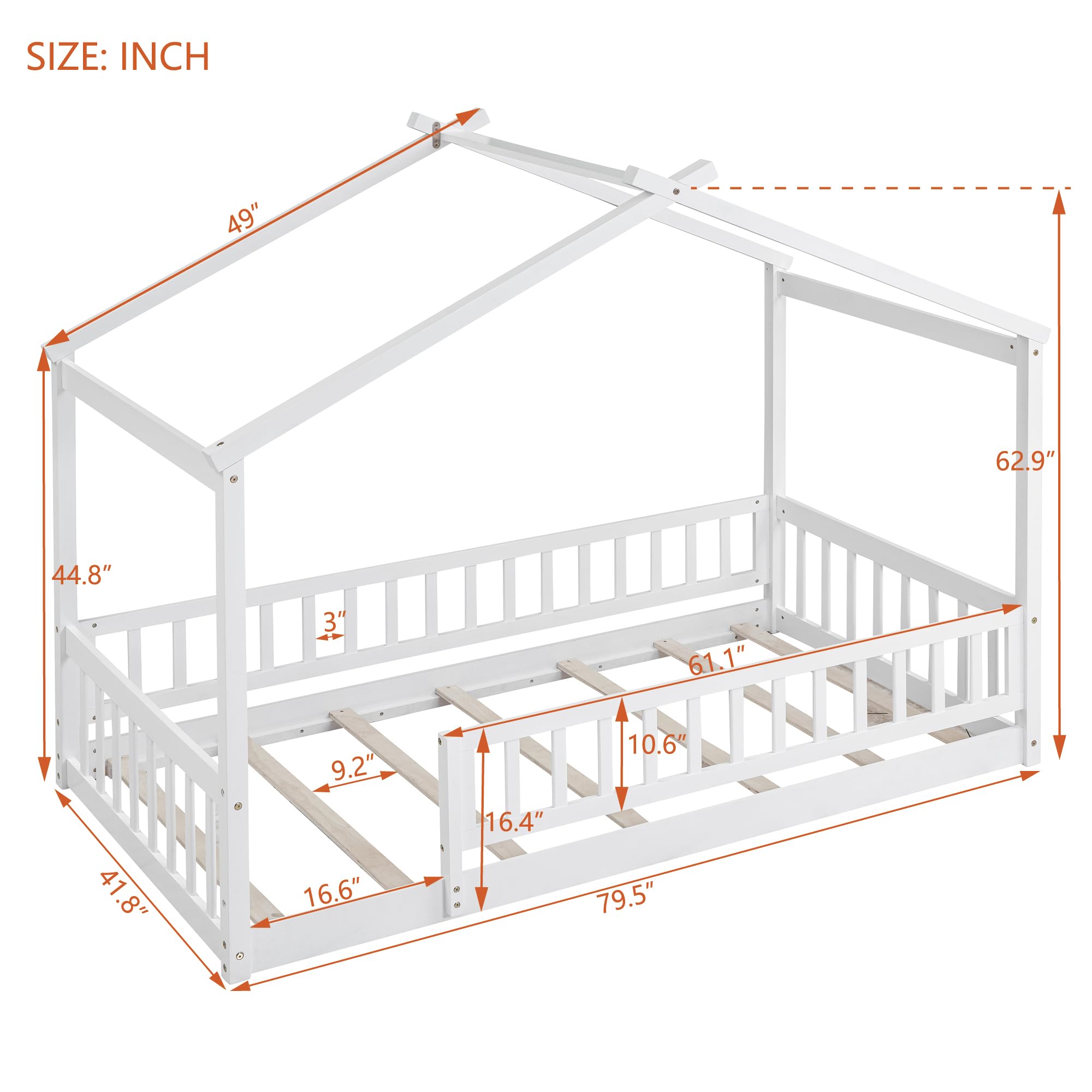 Merax Twin Size Wooden House Bed with Fence - Sturdy Wood Bed Frame with Roof & Safety Guardrail for Kids, Teens, Boys or Girls (White) - Perfect for Nursery, Bedroom, Playroom & Kids' Room Decor
