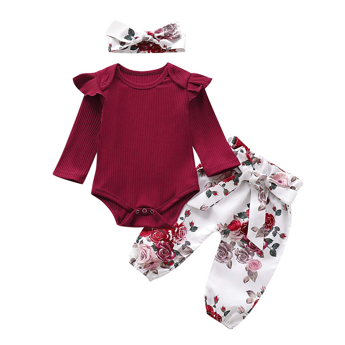 3PCS Newborn Baby Girl Clothes Set - Floral Ruffle Romper Bodysuit, Pants & Headband Outfit | Soft Cotton Infant Fashion for Photoshoots, Parties & Daily Wear