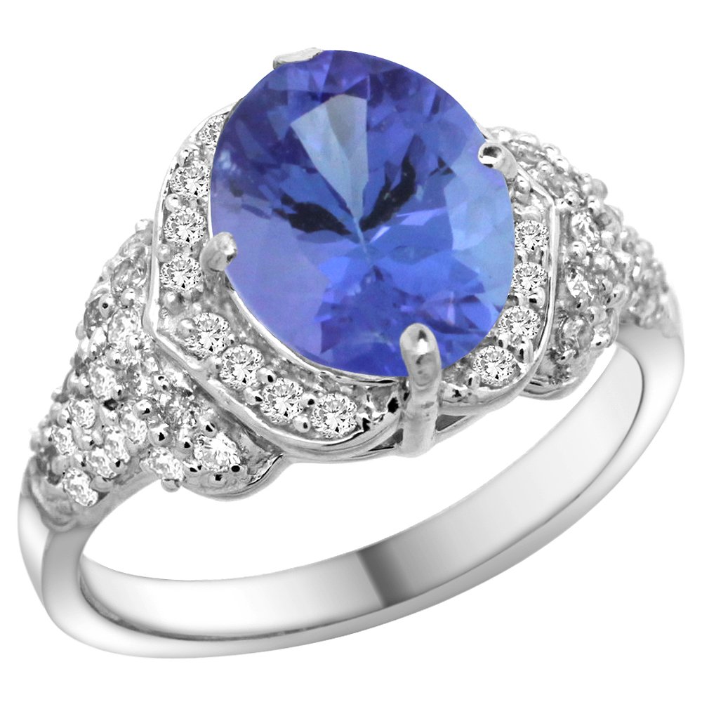 14K White Gold Natural Tanzanite Ring with Diamond Halo - 10x8mm Oval Tanzanite, 1/2 Inch Wide, Size 5 - Perfect for Engagement, Anniversary & Special Occasions