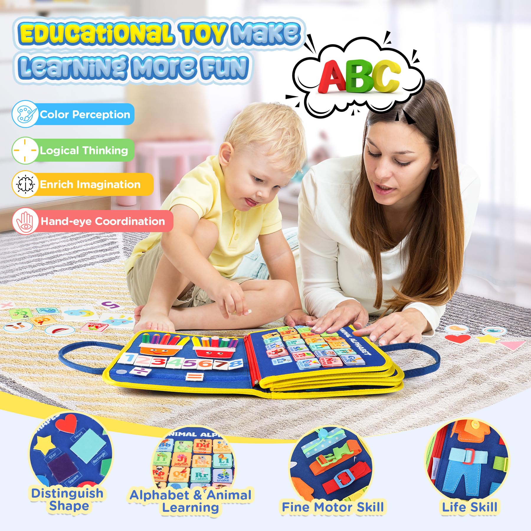 URMYWO Montessori Busy Board - Sensory Toys for Toddlers 1-4 Years Old, Fine Motor Skills Activity Book for Boys & Girls, Autism Learning Toys, Perfect Travel Gift for Road Trips, Airplane & Car Rides | Ideal for Home, Classroom & On-The-Go Play