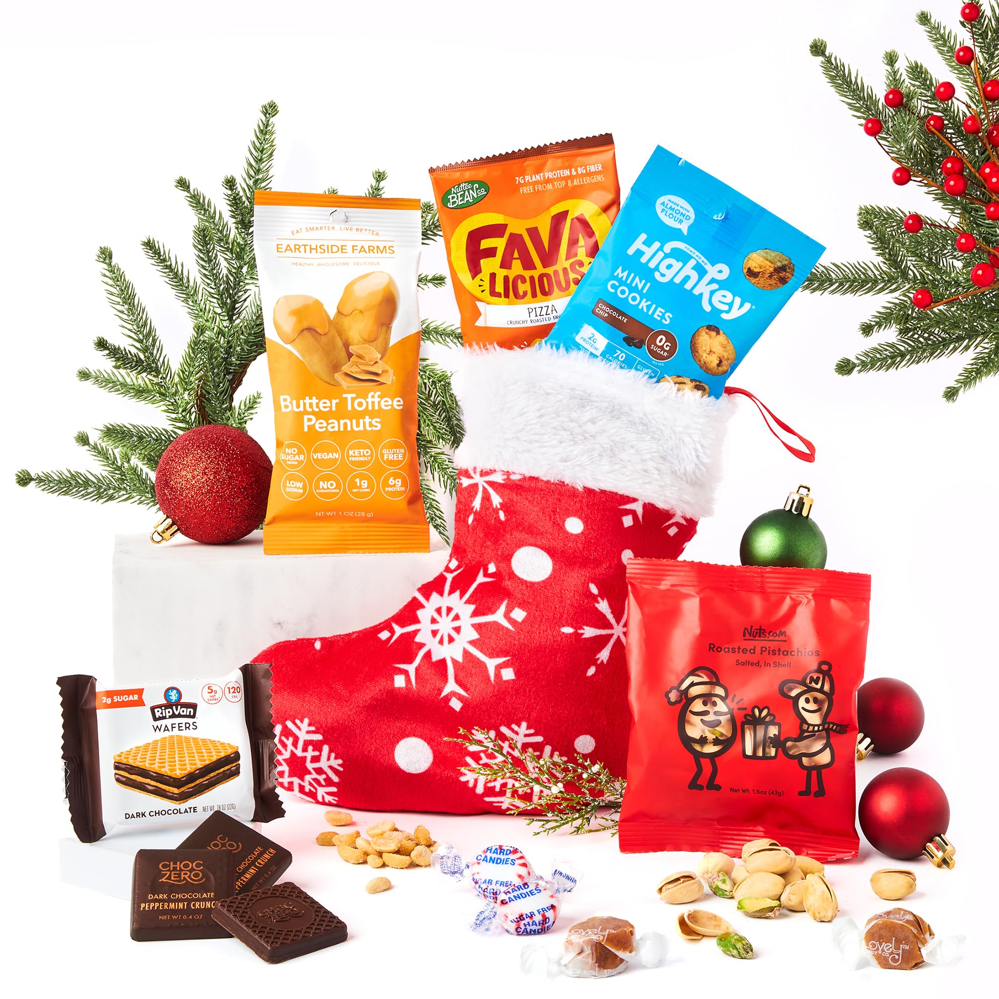 Keto Diabetic Christmas Stockings - Healthy Low Carb Snacks Gift Set with Sugar-Free Candy & Chocolate - Perfect for Diabetic-Friendly Holiday Gifting & Keto Diet Lovers