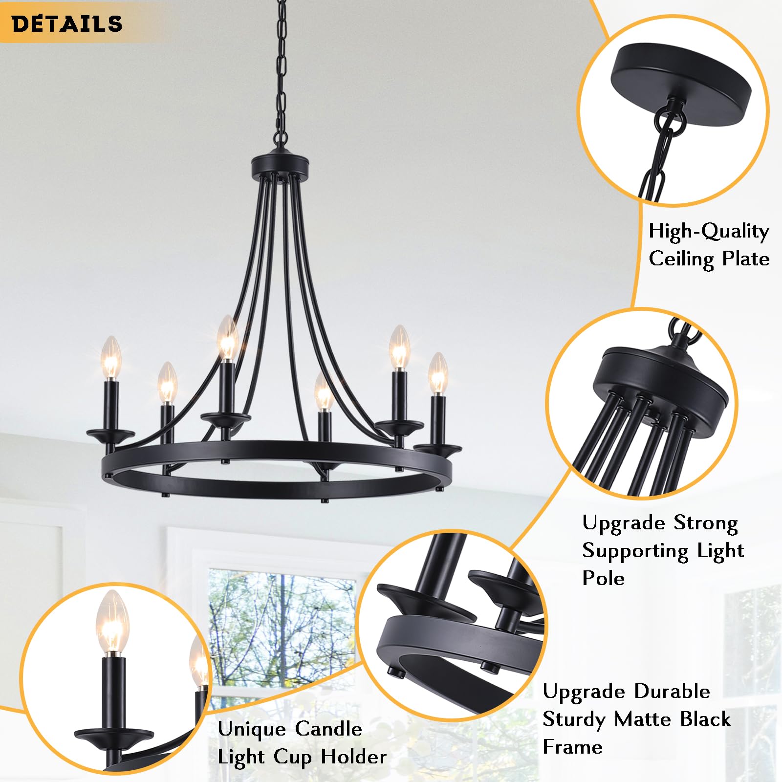 24 Inch Black Farmhouse Chandelier - 6-Light Wagon Wheel Ceiling Pendant Light for Dining Room, Kitchen Island & Living Room | Rustic Home Decor Lighting for Country Style Interiors