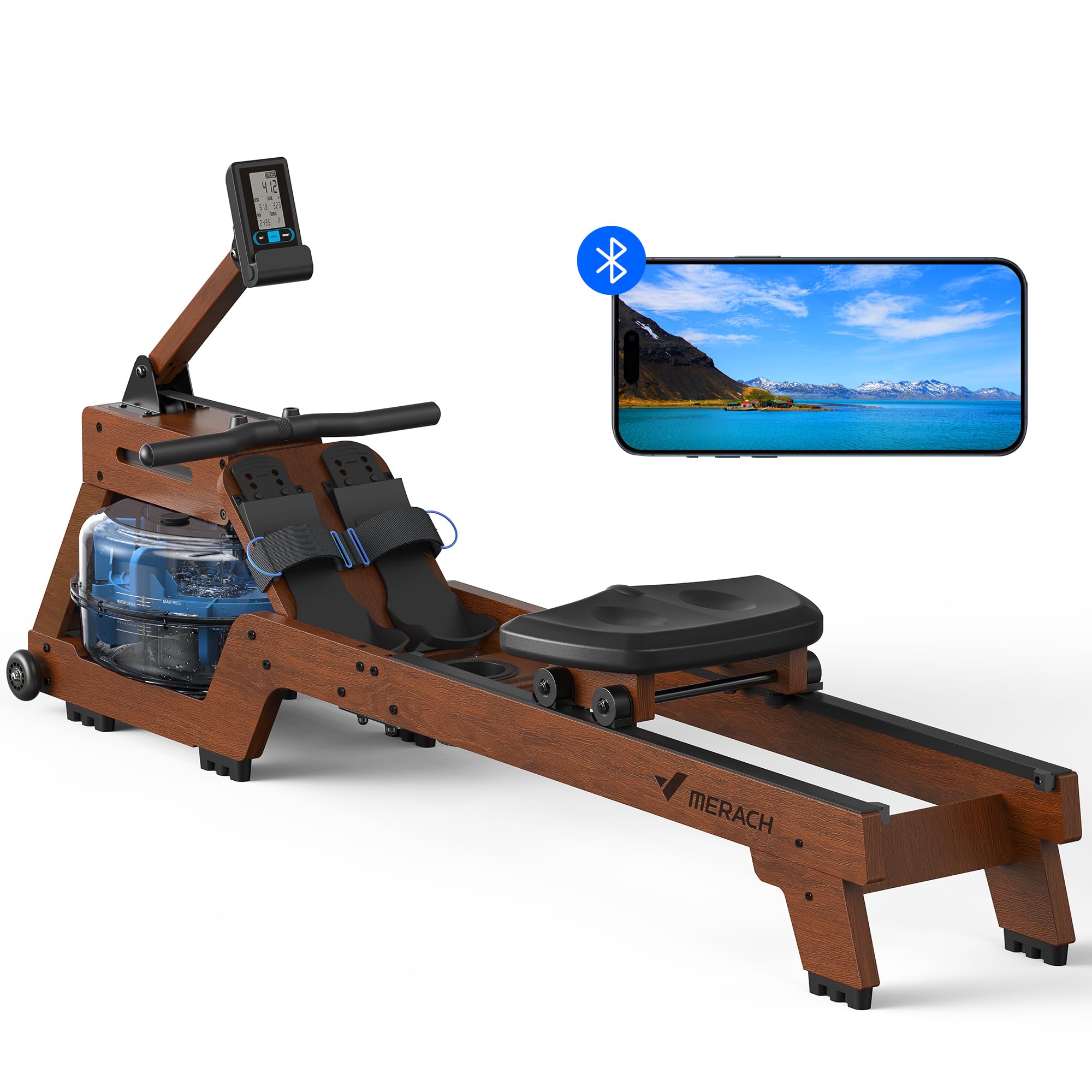 MERACH Foldable Water Rowing Machine for Home - 400LBS Weight Capacity with LCD Monitor & Comfortable Seat - Free MERACH Fitness App - Perfect for Home Gym, Cardio Workouts & Full-Body Exercise