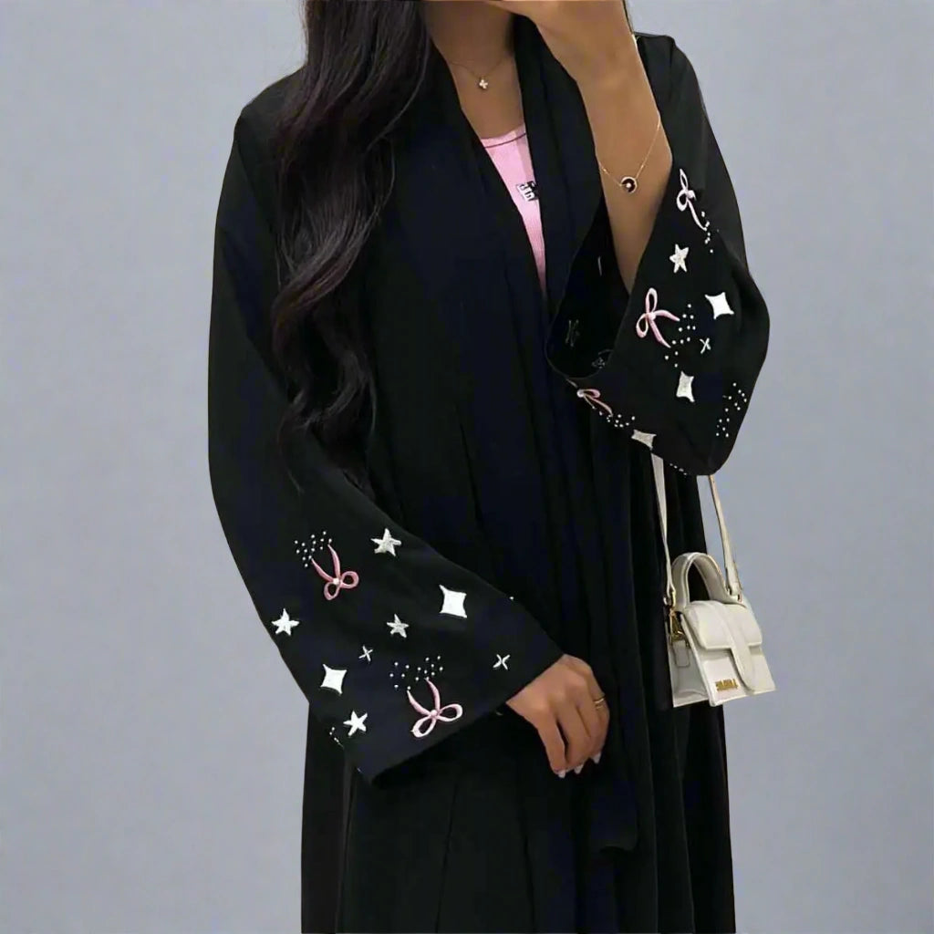 Elegant Hijab Embroidery Cuff Satin Cardigan Open Abaya Dress - Modest Muslim Fashion for Women, Prayer, Special Occasions & Everyday Wear