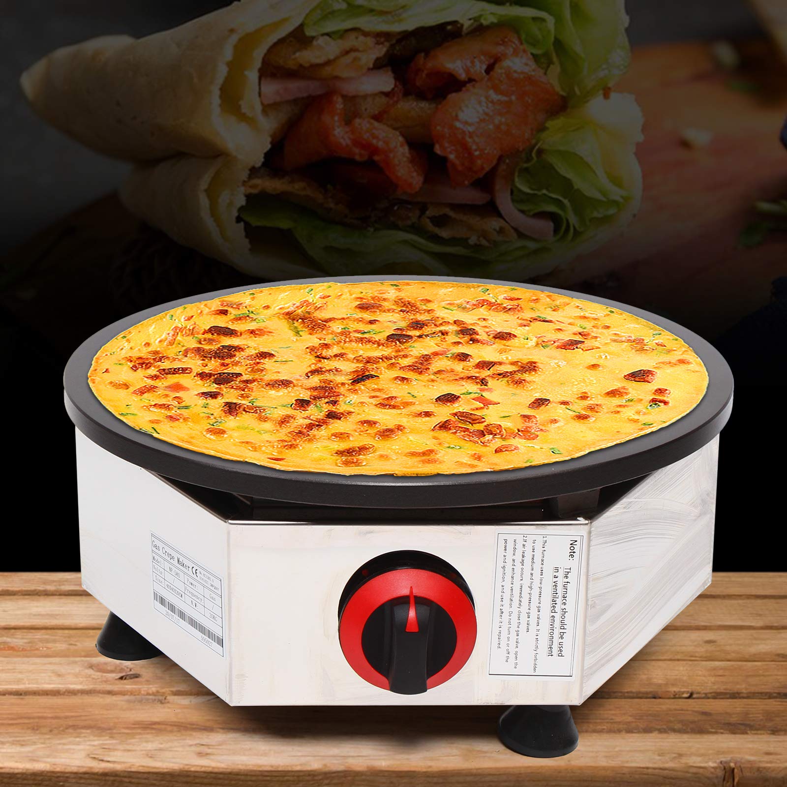 Mini Pancake Maker - 16-Inch Stainless Steel Crepe Maker Machine with Nonstick Surface & Wooden Rake | Commercial LPG Griddle Cooktop for Waffles, Tortillas, Blintzes | Perfect for Breakfast Cafes, Food Trucks & Home Cooking