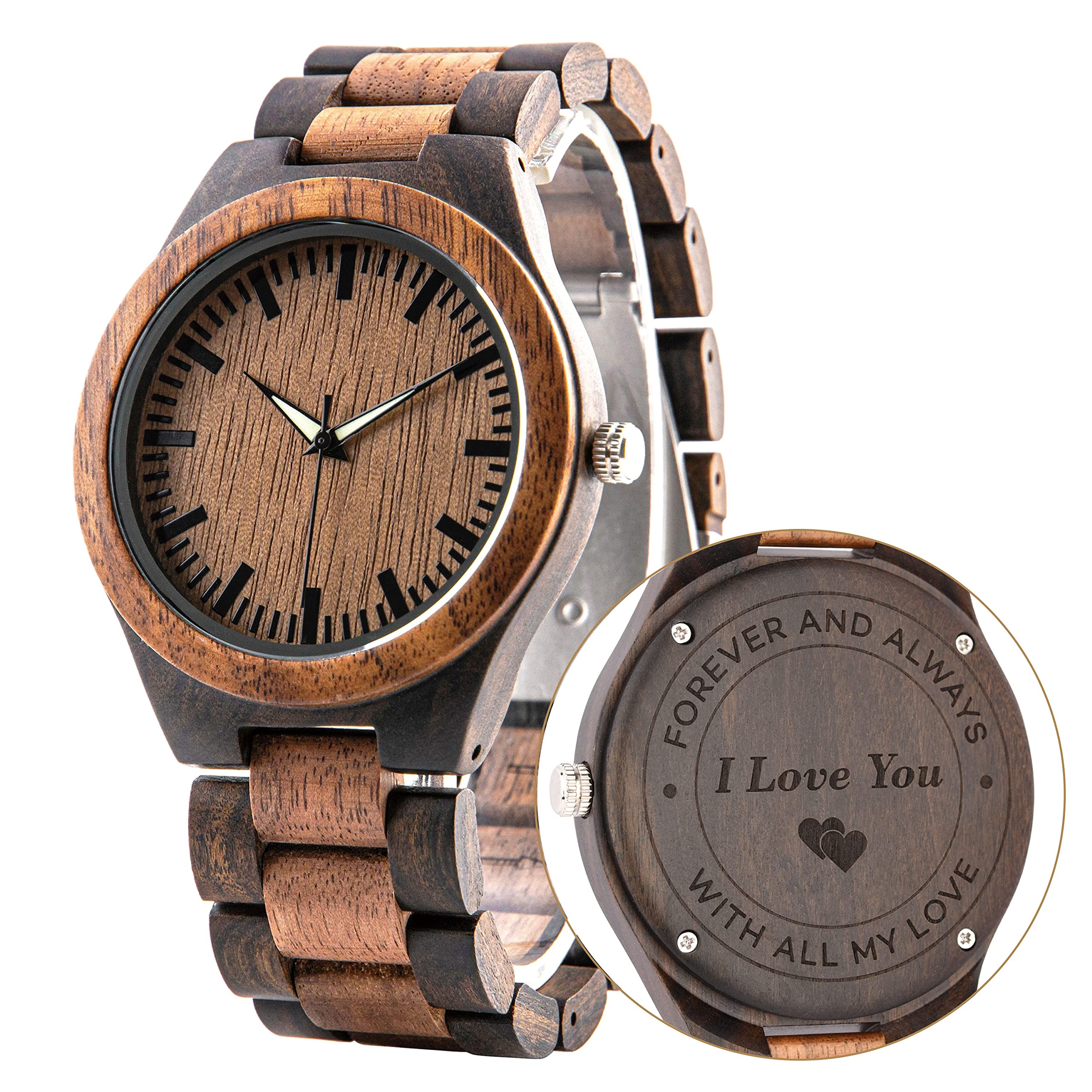 Custom Engraved Wooden Watch for Men - Personalized Walnut & Ebony Wood Watch with Luminous Hands - Anniversary, Birthday, Father's Day Gift for Husband, Dad, Son - Perfect for Casual Wear, Outdoor Adventures & Special Occasions