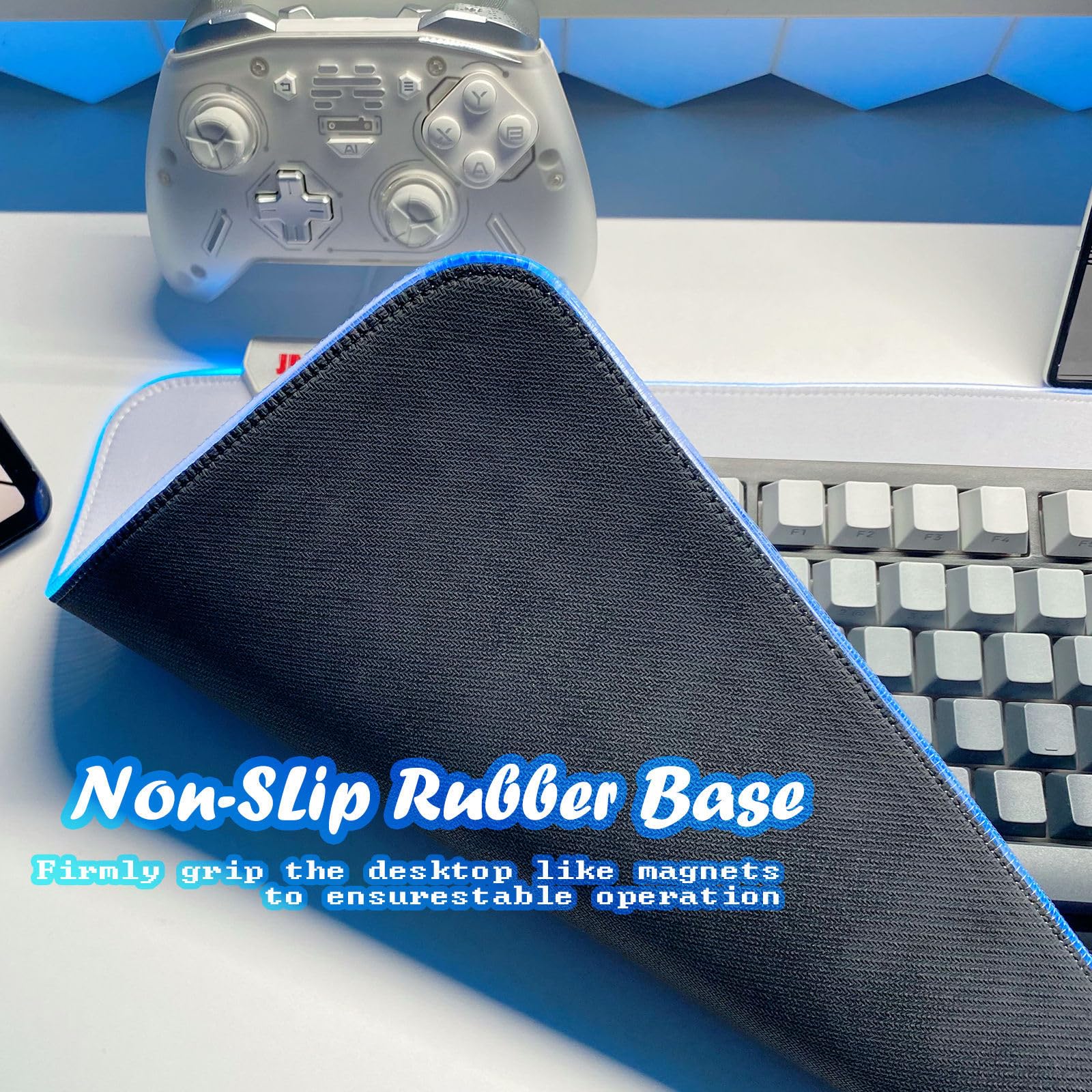 JMIYAV White RGB Gaming Mouse Pad - Non-Slip Rubber Base, Extra Large (31.5x12 Inches) LED Light Up Mousepad for PC, Computer Desk - Perfect for Gamers, Office Work & Home Use | Cool XXL Extended Mouse Mat Accessories
