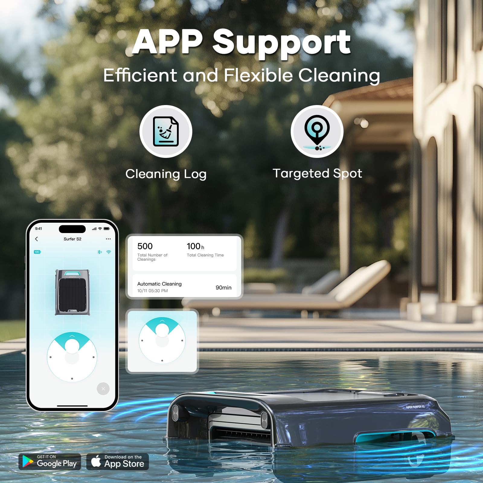 AI-Powered AIPER Surfer S2 Solar Pool Skimmer with APP Control | 24/7 Automatic Cleaning, Solar + Electric Dual Charging, Smart Obstacle Avoidance | Ideal for Inground & Above Ground Pools | Perfect for Backyard, Residential & Commercial Use