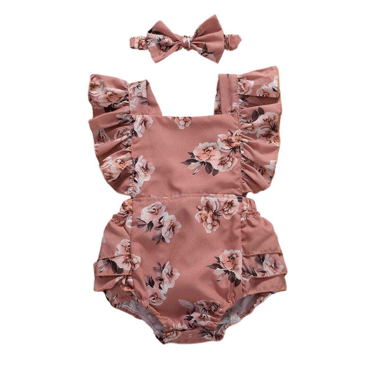 **Newborn Baby Girl Floral Summer Outfit Set - Fly Sleeve Sunsuit, Onesie, Headband - Cute & Comfortable for Beach, Park & Photo Shoots**