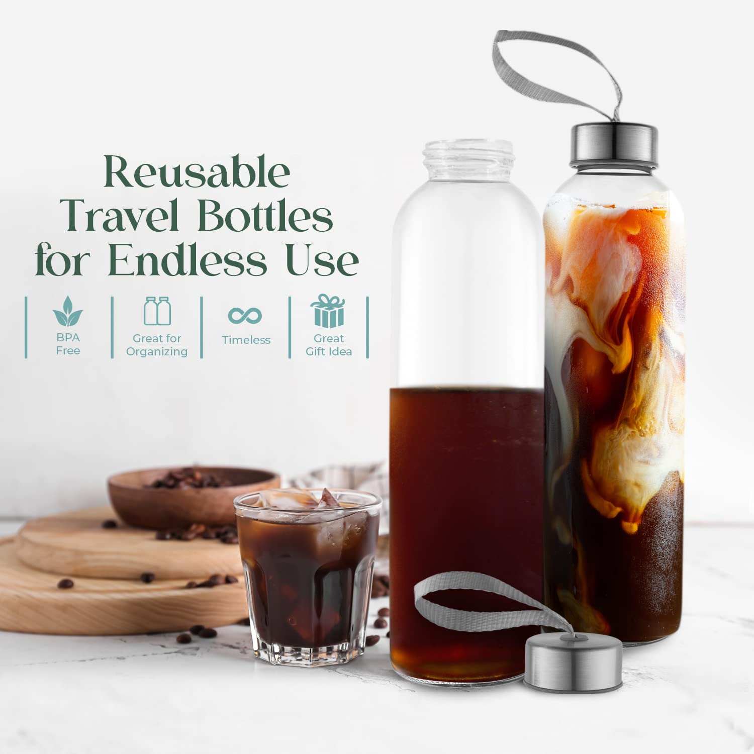 24oz Glass Water Bottles with Nylon Sleeves - 6 Pack BPA Free, Leak Proof & Portable - Ideal for Water, Juice, Smoothies at Home, Gym or Outdoor Activities
