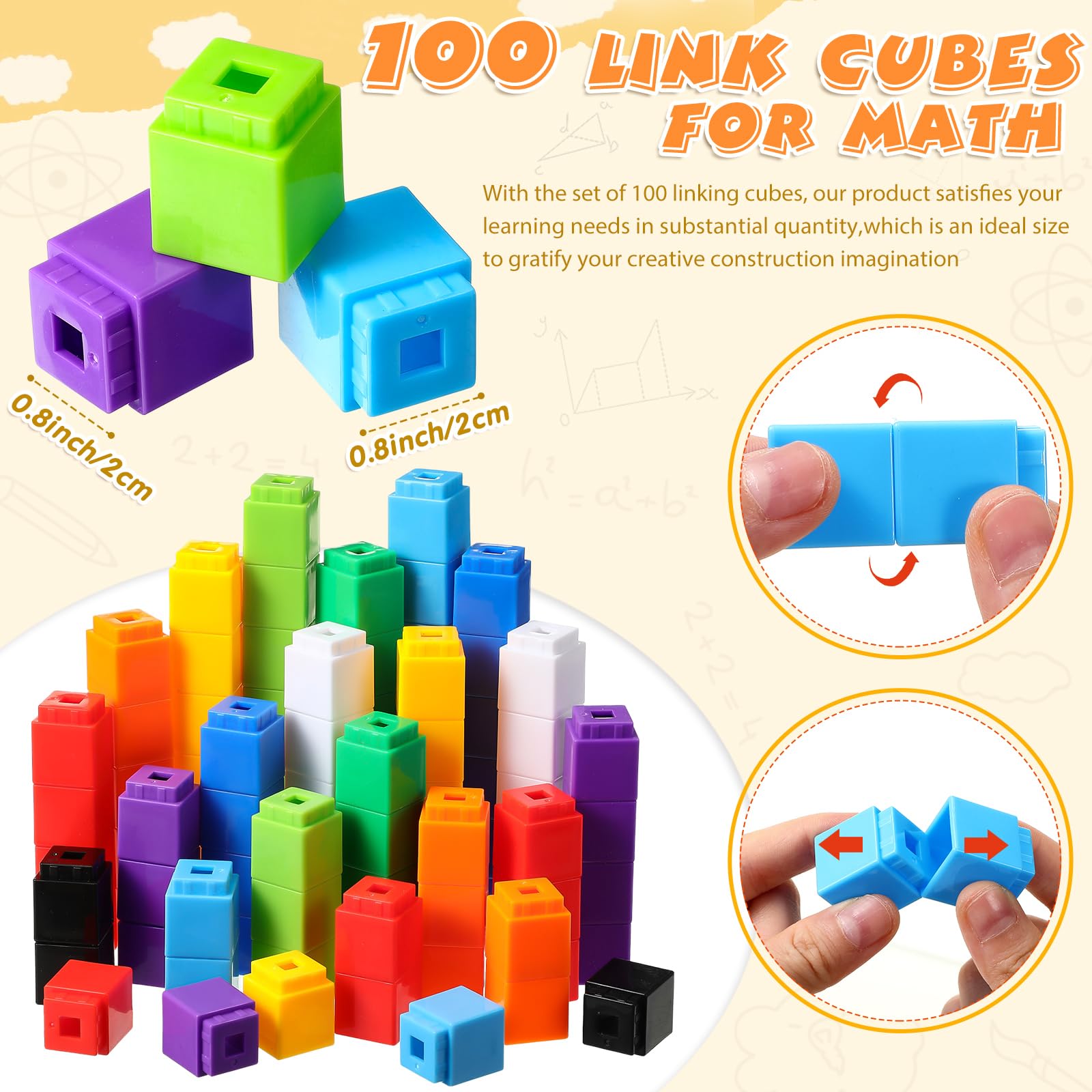 Jenaai 100 Pcs Linking Cubes - Plastic Math Manipulatives for Counting & STEM Learning | Snap Together Blocks for Early Math, Construction Play & Homeschool Preschool Activities | Perfect for Classroom, Homeschool & Educational Games
