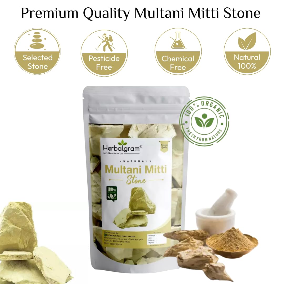 Herbalgram Natural Multani Mitti Stone Fuller's Earth & Calcium Bentonite Clay - 300g Face & Hair Mask for Acne, Blackheads & Scalp Detox | Organic Skin Care & Hair Treatment for Glowing Skin & Healthy Hair