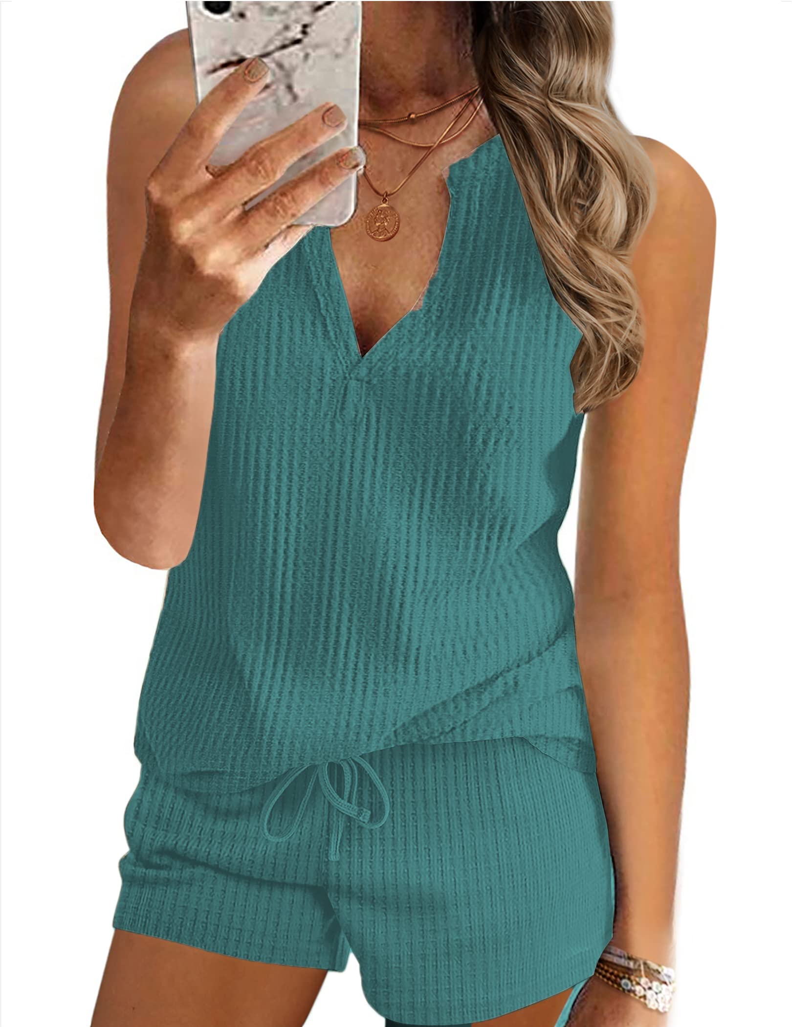 Ekouaer Women's Waffle Knit V-Neck Pajama Set - Tank Top & Shorts Lounge Set for Sleepwear, Loungewear & Casual Outfits | Soft & Comfortable PJs for Home, Vacation & Relaxation
