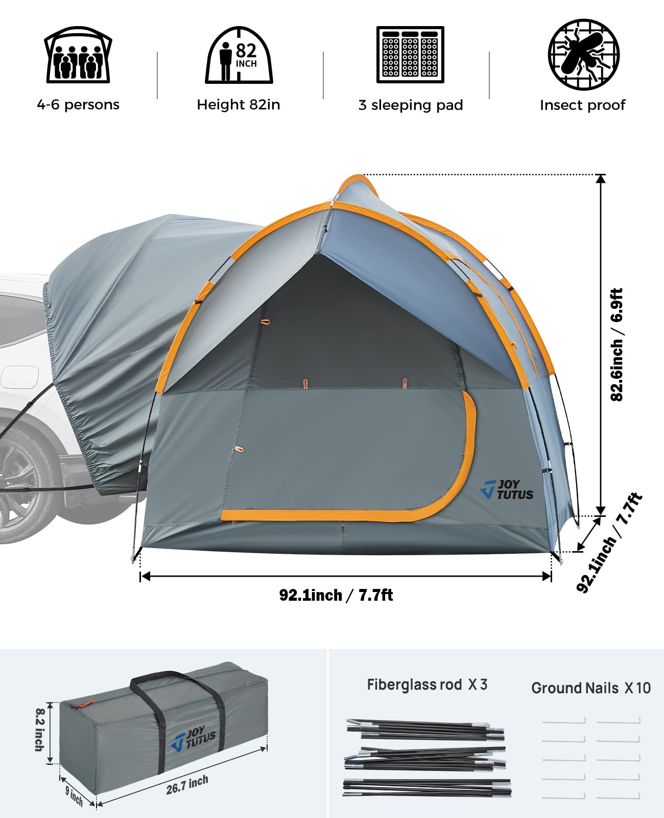 JOYTUTUS SUV Camping Tent - Waterproof PU2000mm Double Layer 6-8 Person Outdoor Tent with Double Door Design | Perfect for Family Camping, Road Trips & Outdoor Adventures