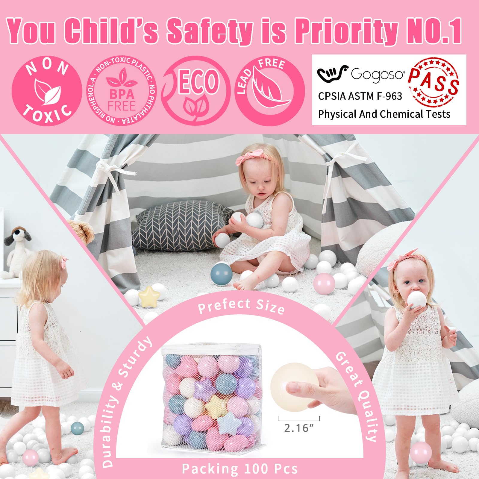 Non-Toxic Crush-Proof Play Balls for Toddlers - Pack of 50/100/200 | 2.2-Inch Plastic Shape Balls | BPA-Free & Phthalate-Free | Safe for Indoor Playpens, Sensory Play & Kids Birthday Parties