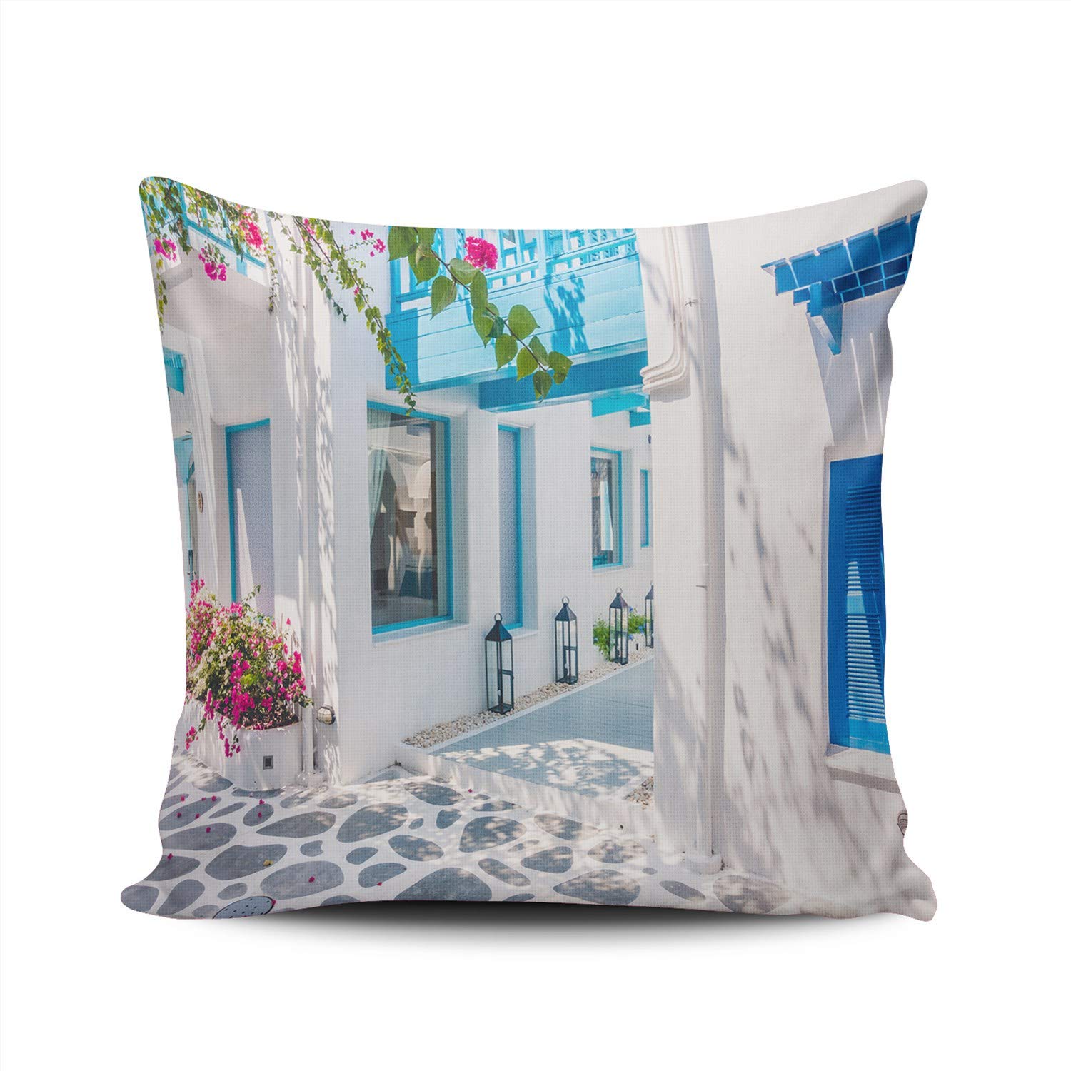 Santorini Greece Throw Pillow Cover 16x16 Inch - Double Sided Printed Decorative Pillowcase with Hidden Zipper - Beautiful Building Exterior Design for Living Room, Bedroom & Sofa Decor