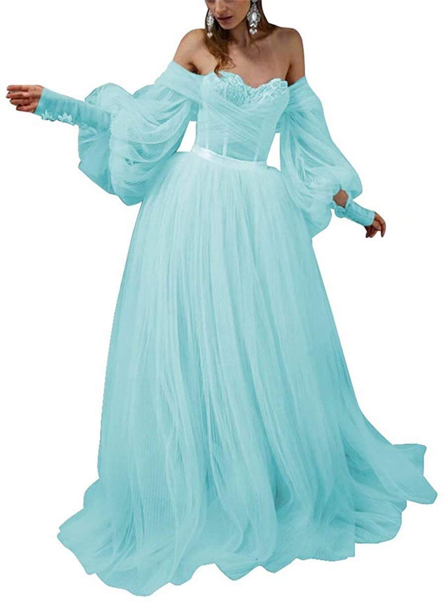 Vintage Off Shoulder Long Puffy Sleeves Ruffle Tulle Princess Prom Quinceanera Dresses for Women - Elegant Formal Gowns for Prom, Wedding, Ball & Special Occasions
