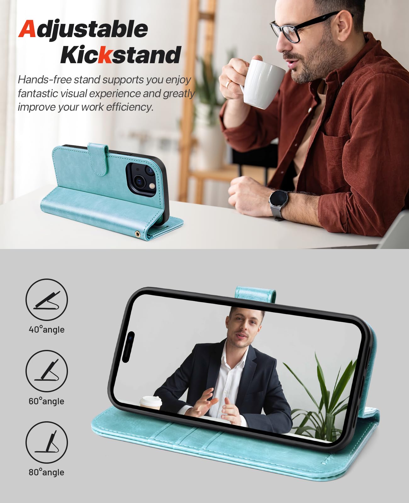 iPhone 15 Plus Wallet Case with Card Holder & RFID Blocking - Mint Green for Daily Use & Travel
