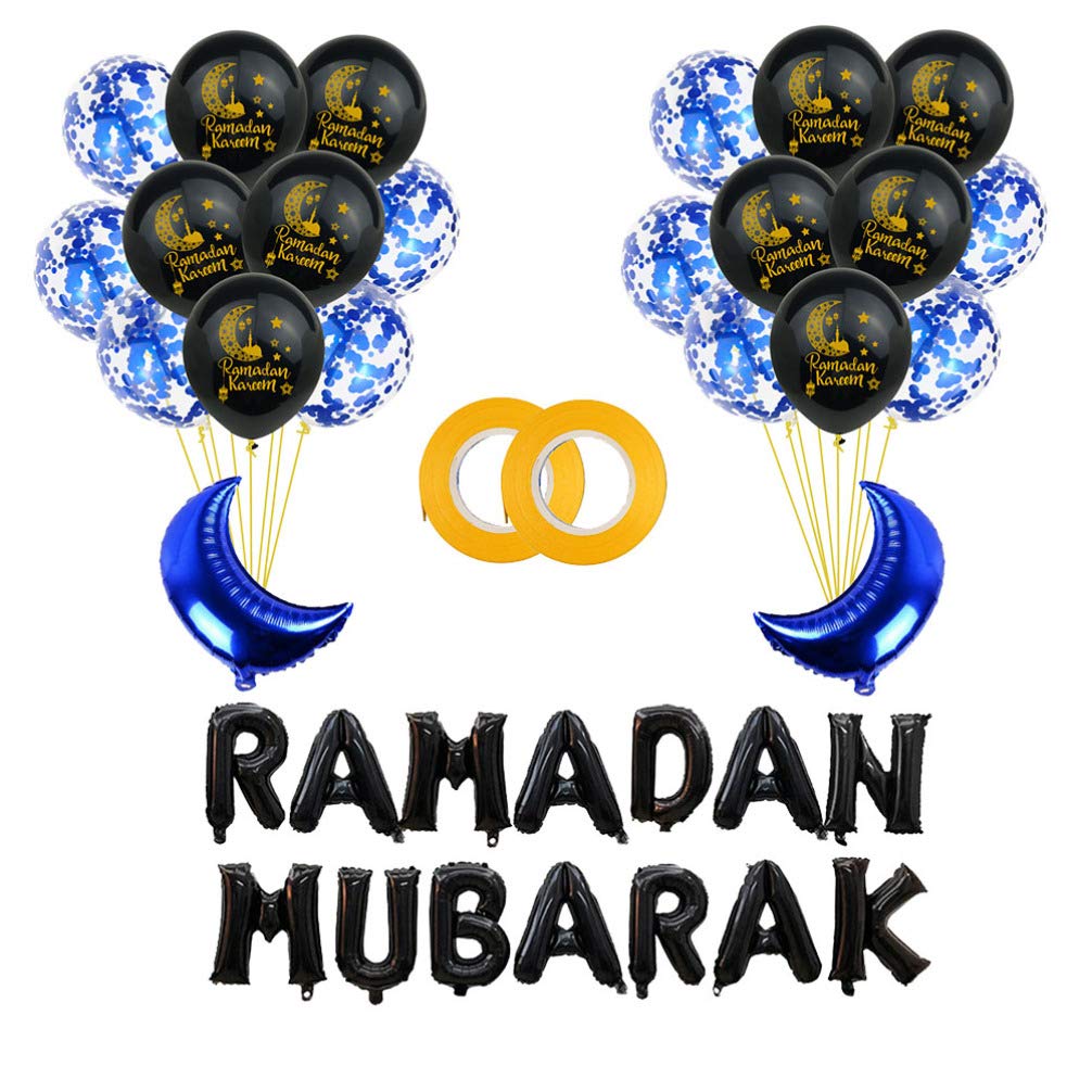 SOIMISS 38pcs Eid Mubarak Foil Balloons - Ramadan Moon & Star Latex Balloon Set with Ribbon - Islamic Festival Party Decorations for Eid Al Fitr, Eid Al Adha, Home & Mosque Celebrations