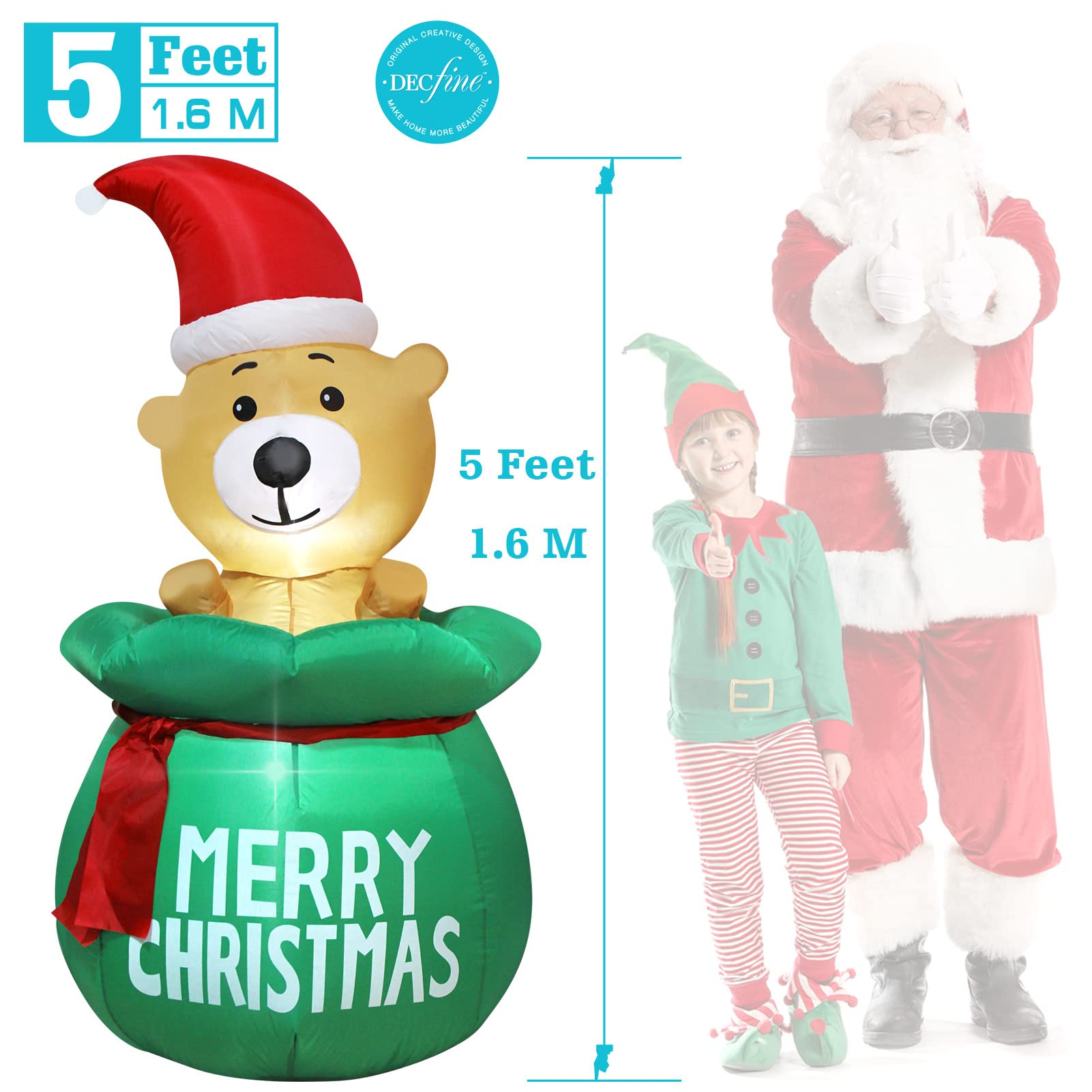 5FT Inflatable Christmas Bear with Santa's Bag - LED Lighted Outdoor Holiday Decoration with Built-in Fan & Anchor Ropes - Perfect for Front Yard, Lawn, Garden, and Christmas Party Decor
