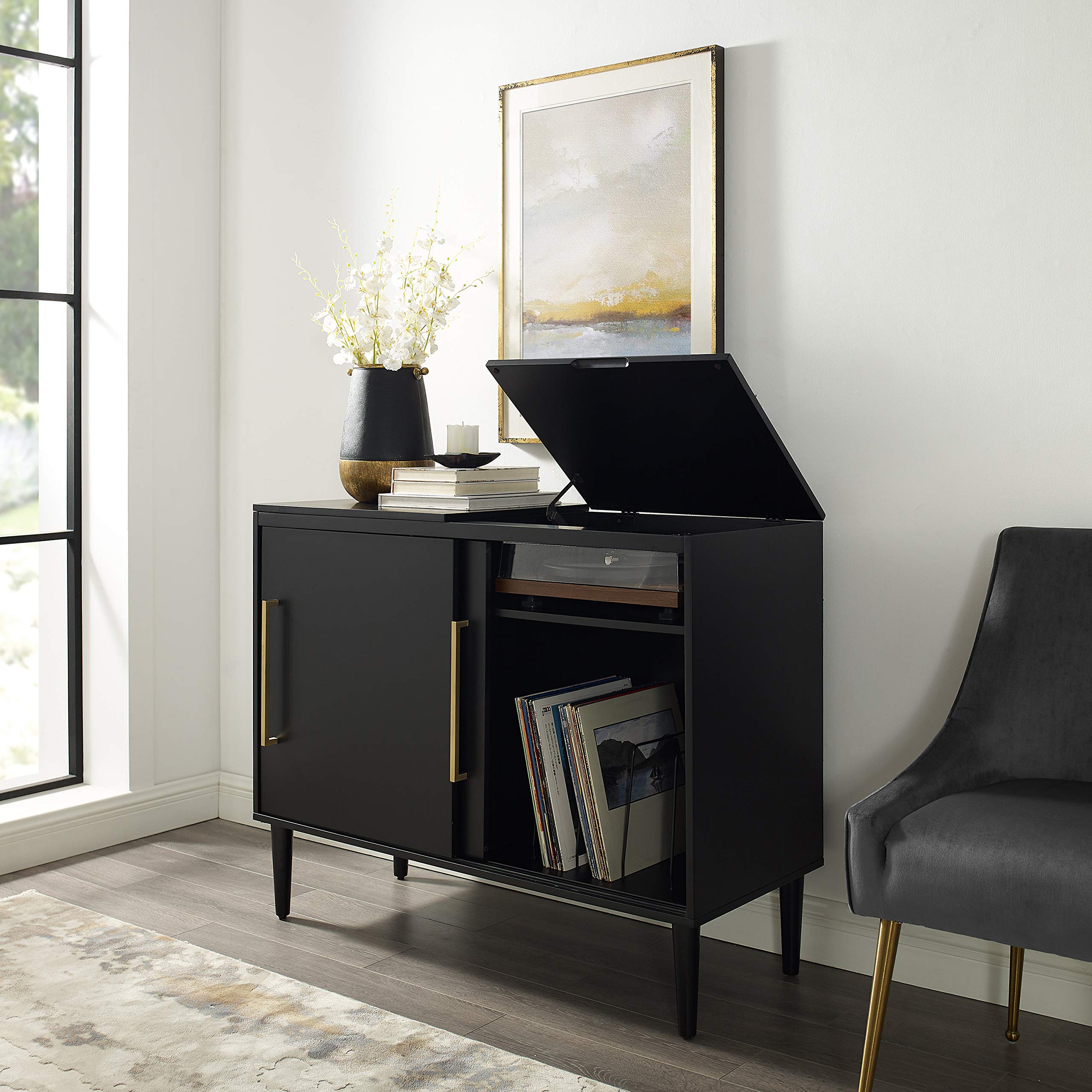 Crosley Everett Media Console & Vinyl Record Player Stand with Storage - Matte Black | Perfect for Living Room, Home Theater & Vinyl Record Collection Display