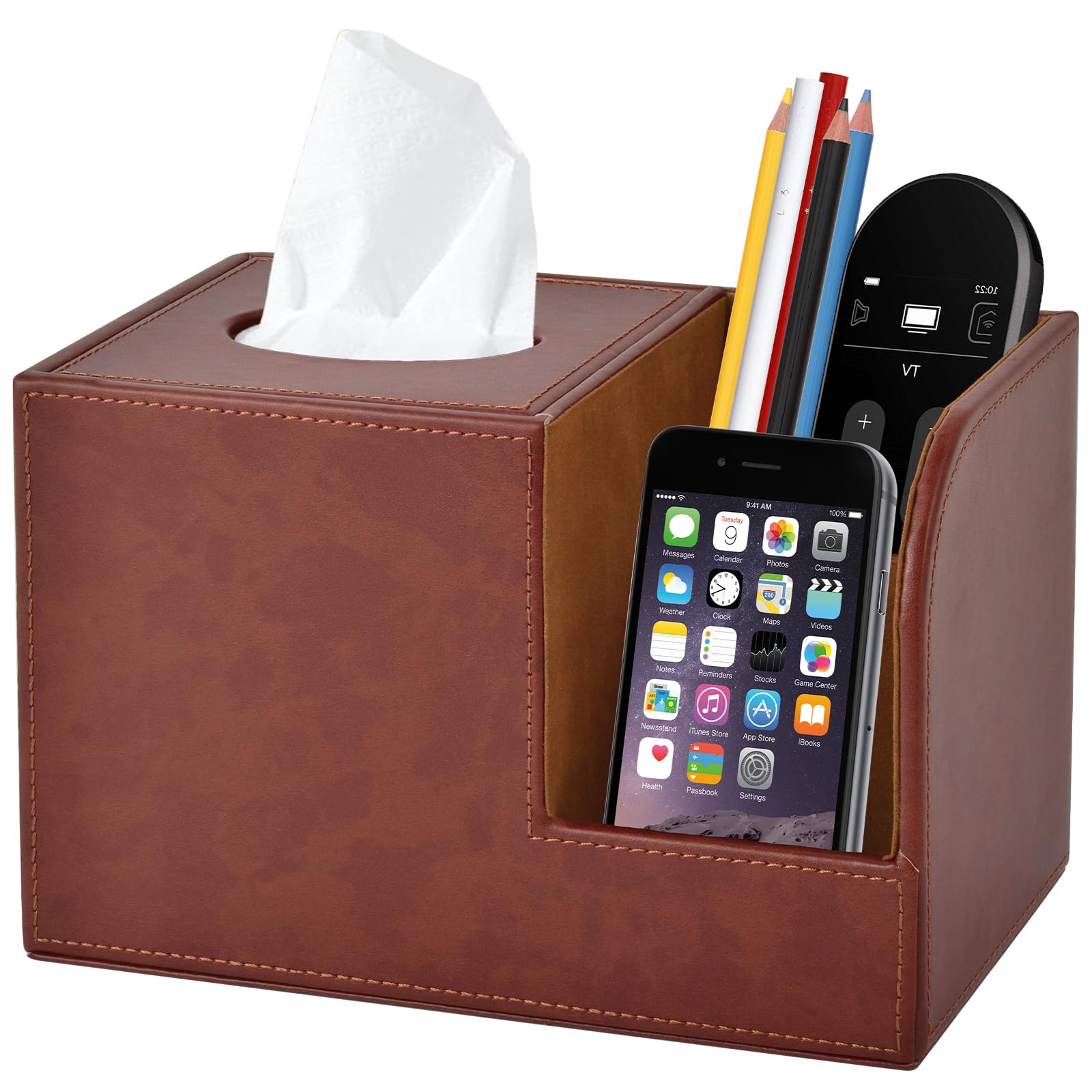 PU Leather Square Tissue Box Cover with Storage - Multifunctional Tissue Holder & Remote Control Organizer - Decorative Home & Office Desk Accessory (Brown) - Perfect for Living Room, Bedroom, and Workspace Organization