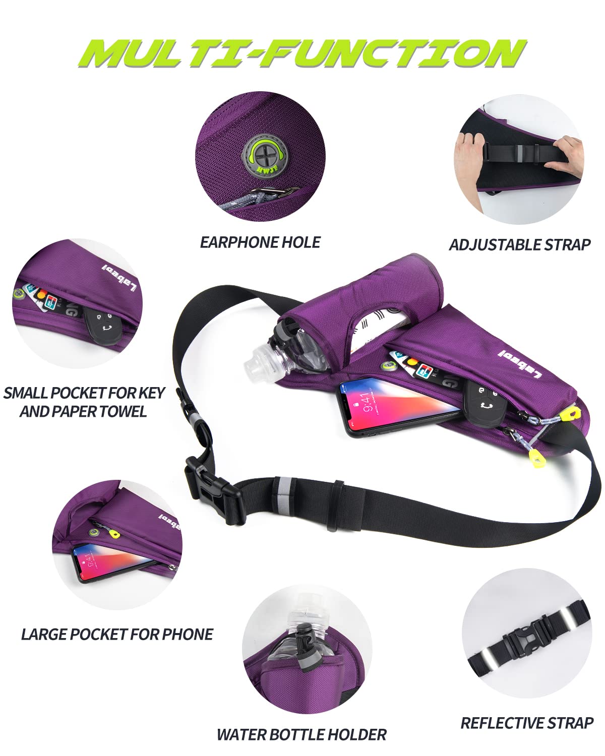 Labeol Adjustable Running Belt with Water Bottles - 2 Zipper Pockets Hydration Waist Pack for Men & Women - Lightweight Fanny Pack for Hiking, Climbing, Jogging & Outdoor Activities (Purple)